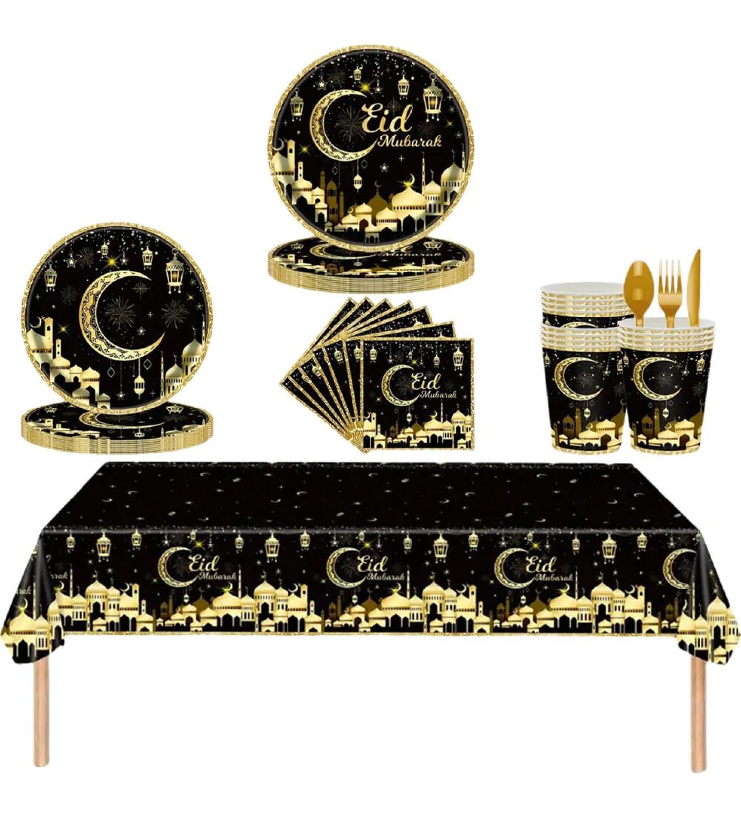 8set Mubarak Tableware Party Celebration Supplies 49pcs Paper Tableware Set Paper Plates Napkins Paper Cups for Eid Ceremony Black - Buy Online on GoSupps.com