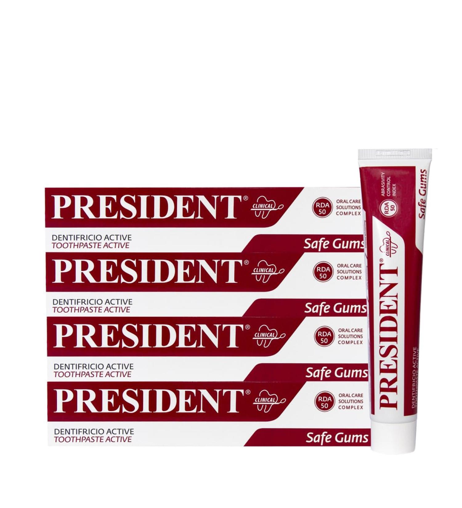  President President 4 ACTIVE TOOTHPASTE Gum Activity Kit For Irritated Inflamed and Periodontitis Gums Astringent Disinfectant Action RDA 50. 4 x 75 ml - Buy Online on GoSupps.com