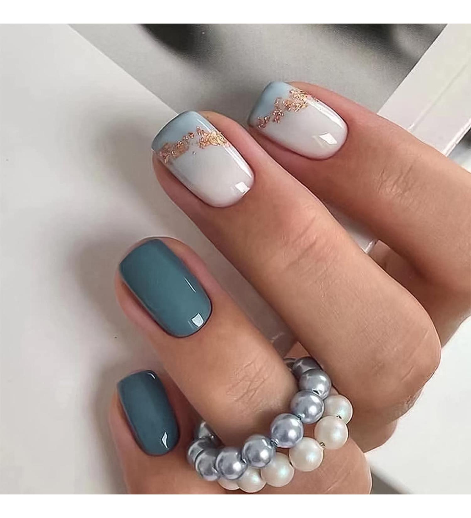 Blue Short Square Press on Nails with White Gradient | 24PCS Full Cover Acrylic Fake Nails for Women - Buy Online on GoSupps.com