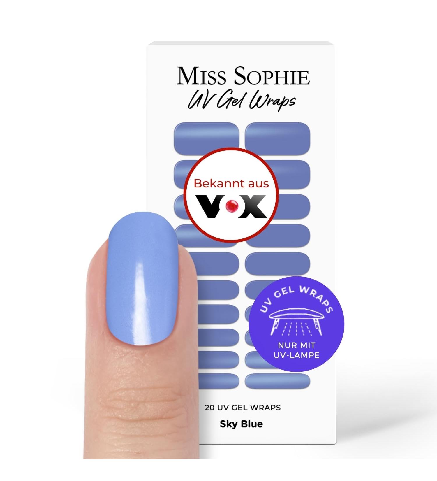Original Miss Sophie UV Gel Nail Foils - The Blues | 20 Solid Sky Blue Nail Polish Strips for Fingers & Toes - Premium Quality & Long-lasting Finish - Buy Online on GoSupps.com
