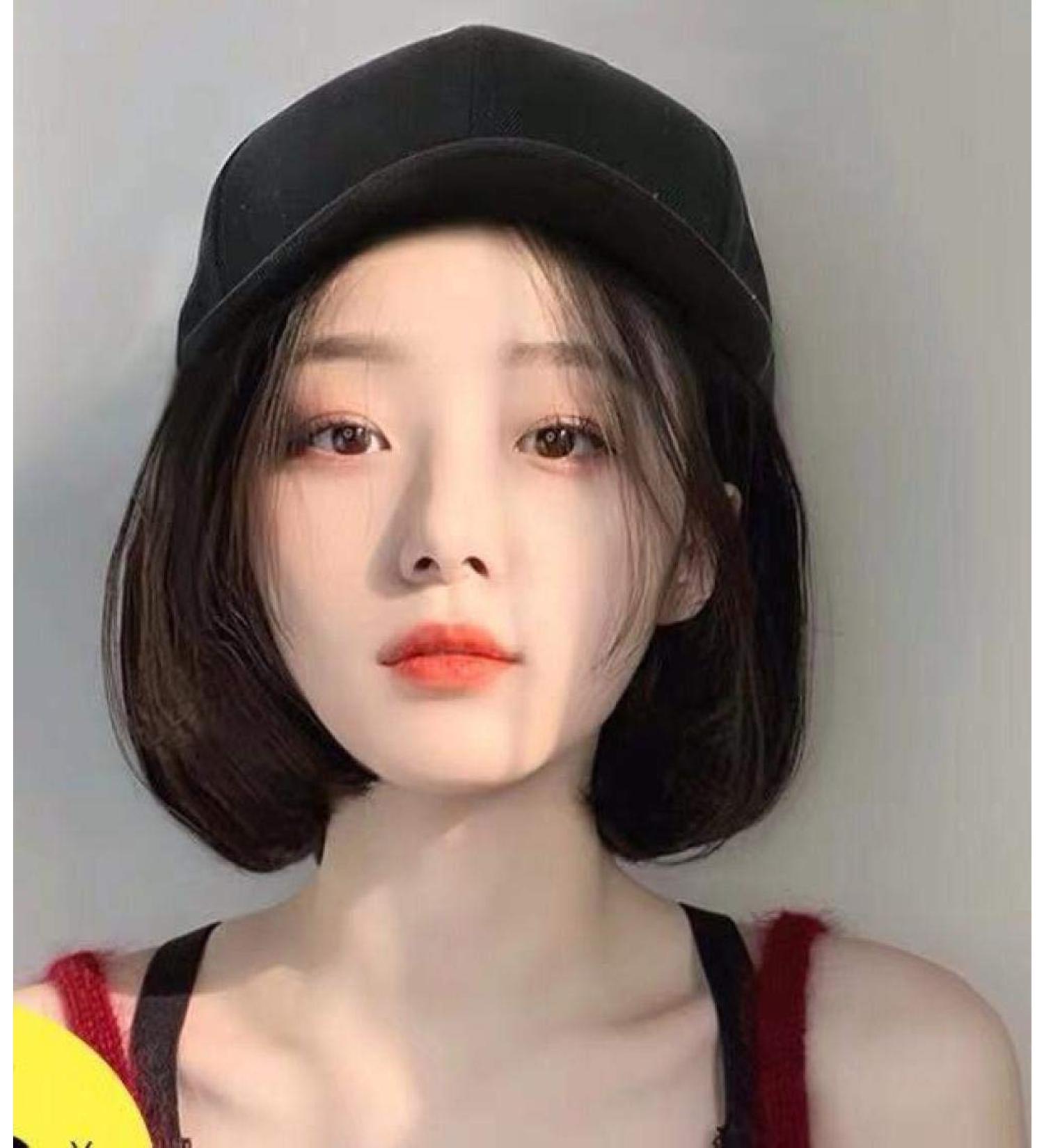 BGHJUE Wig hat plus wig one female summer short hair straight fashion trend detachable thin section repair face wave head
