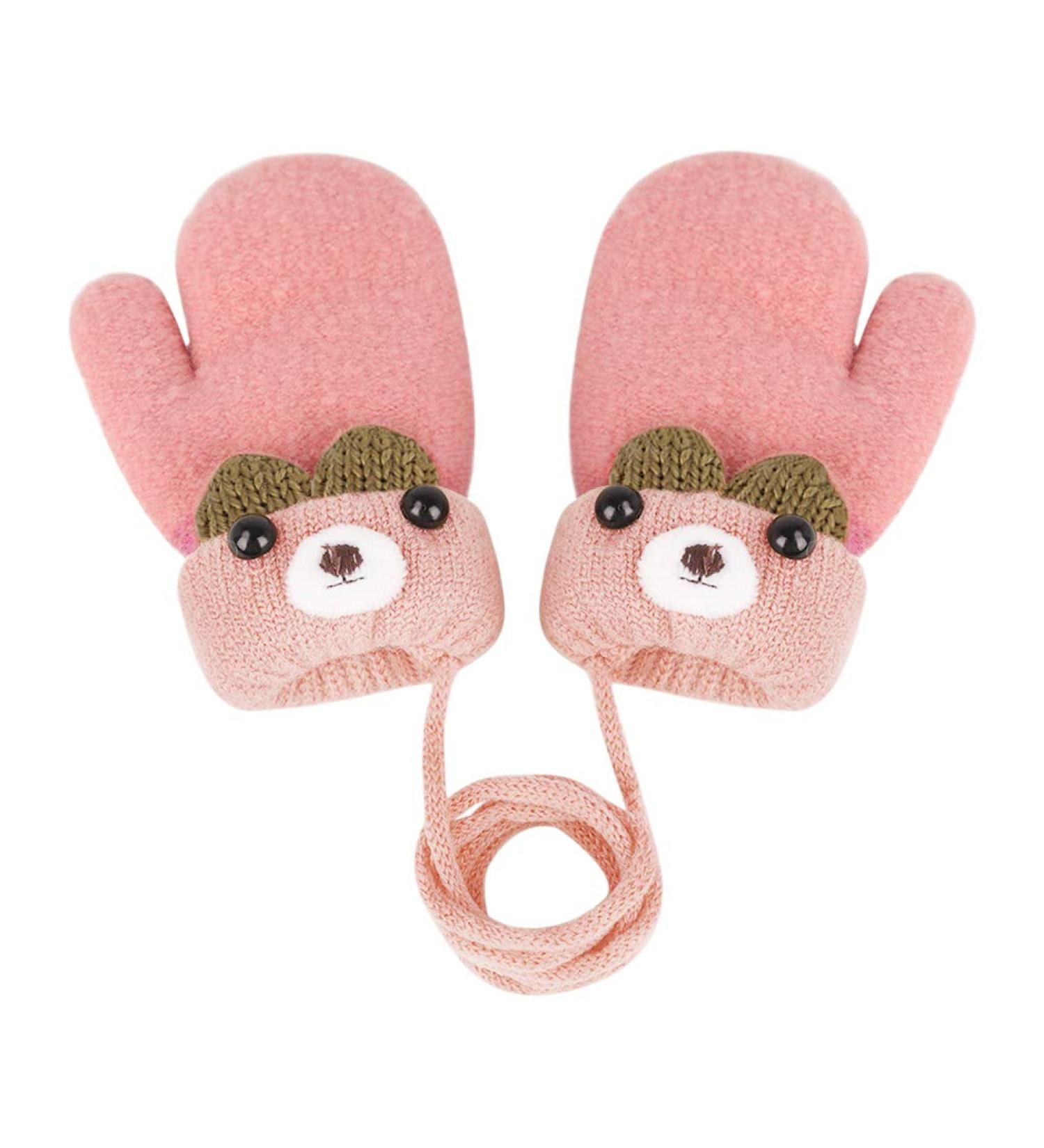 Kids Winter Warm Plush Knitted Gloves with String | Toddler 1-3Yrs | Orange/Bear - Buy Online on GoSupps.com