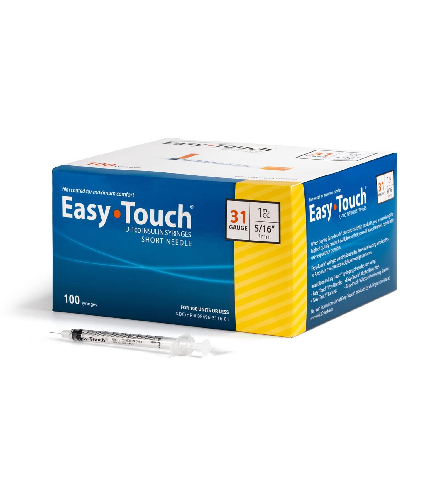 EasyTouch U-100 Insulin Syringe with Needle 31G 1cc 5/16-Inch (8mm) - Box of 100 - Buy Online on GoSupps.com