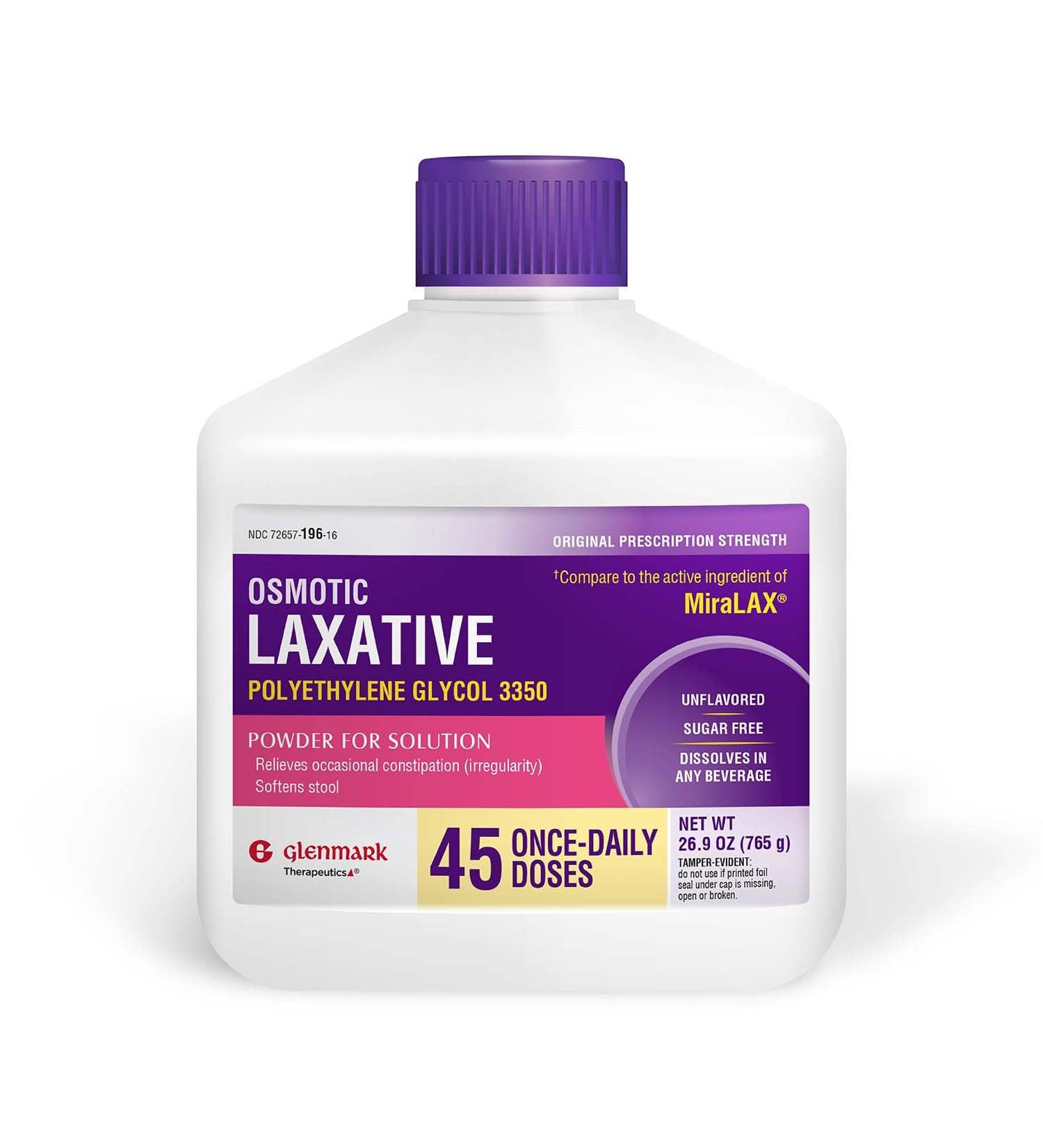 Glenmark Therapeutics Polyethylene Glycol 3350 Powder Osmotic Laxative 45 Daily Doses Softens Stool Relieves Occasional Constipation Powder for Solution 26.9 Ounce - Buy Online on GoSupps.com