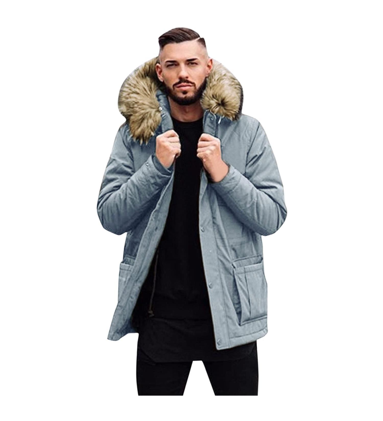 GXLONG Men's Solid Color Fur Hood Parka Coat - Small Gray - Buy Online on GoSupps.com