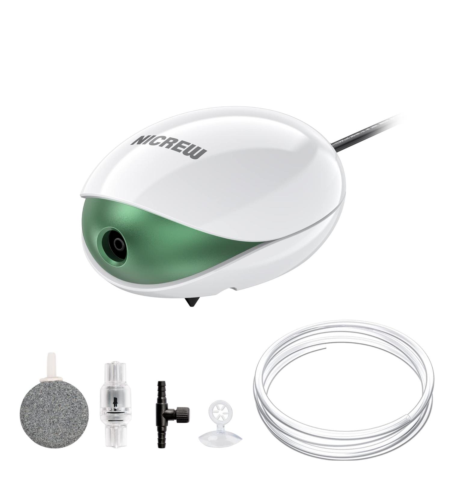 Nicrew Ultra-Quiet Aquarium Air Pump (Up to 100L) - Adjustable Flow 35 dB Includes Hose & Check Valve Energy-Efficient 1.7W - Buy Online on GoSupps.com