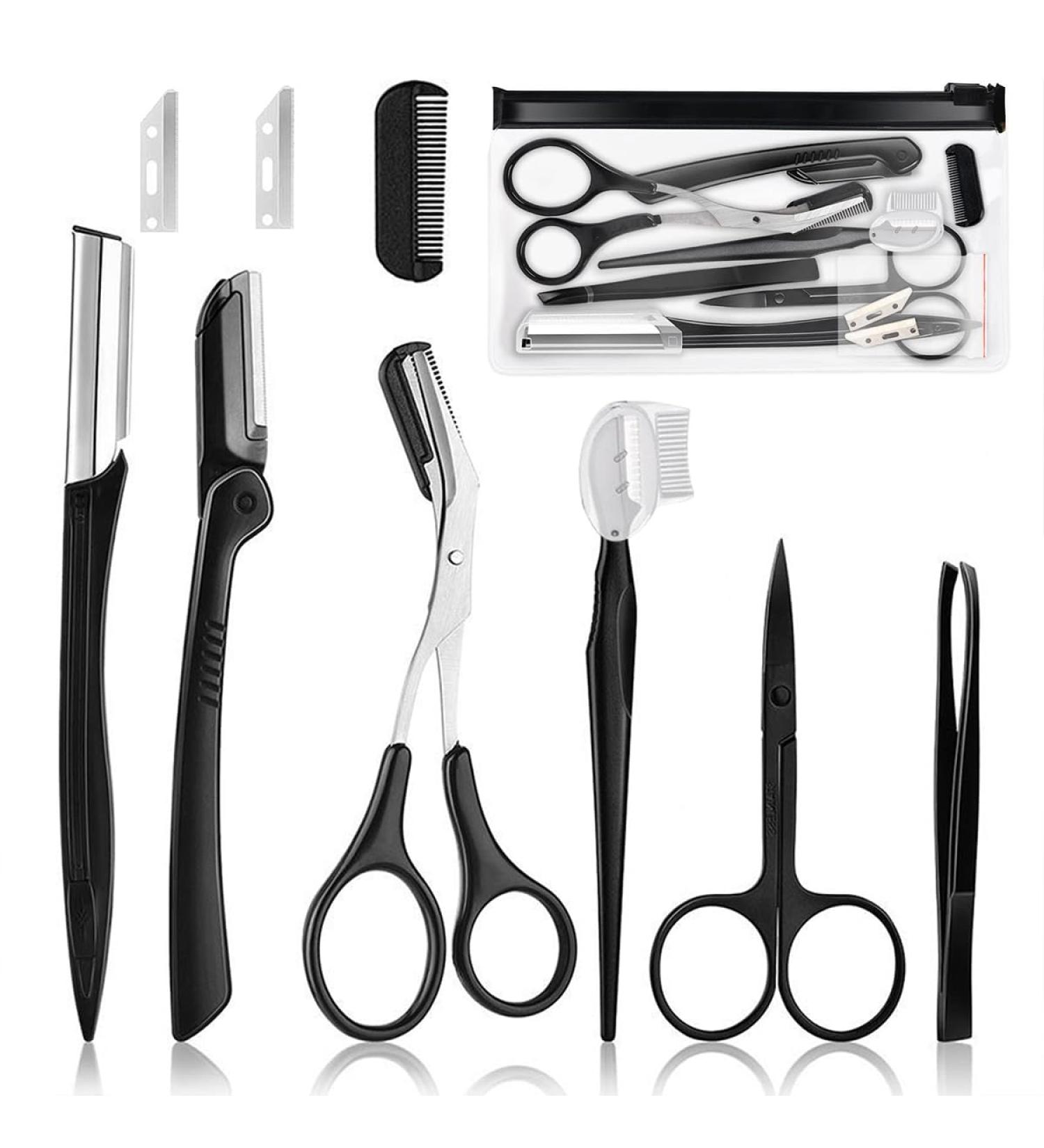 Professional Eyebrow Trimmer Set 9 Pieces Eyebrow Tweezers Set Stainless Steel Small Scissors Eyebrow Shaver Eyebrow Trimmer Tools for Men and Women (Black) - Buy Online on GoSupps.com