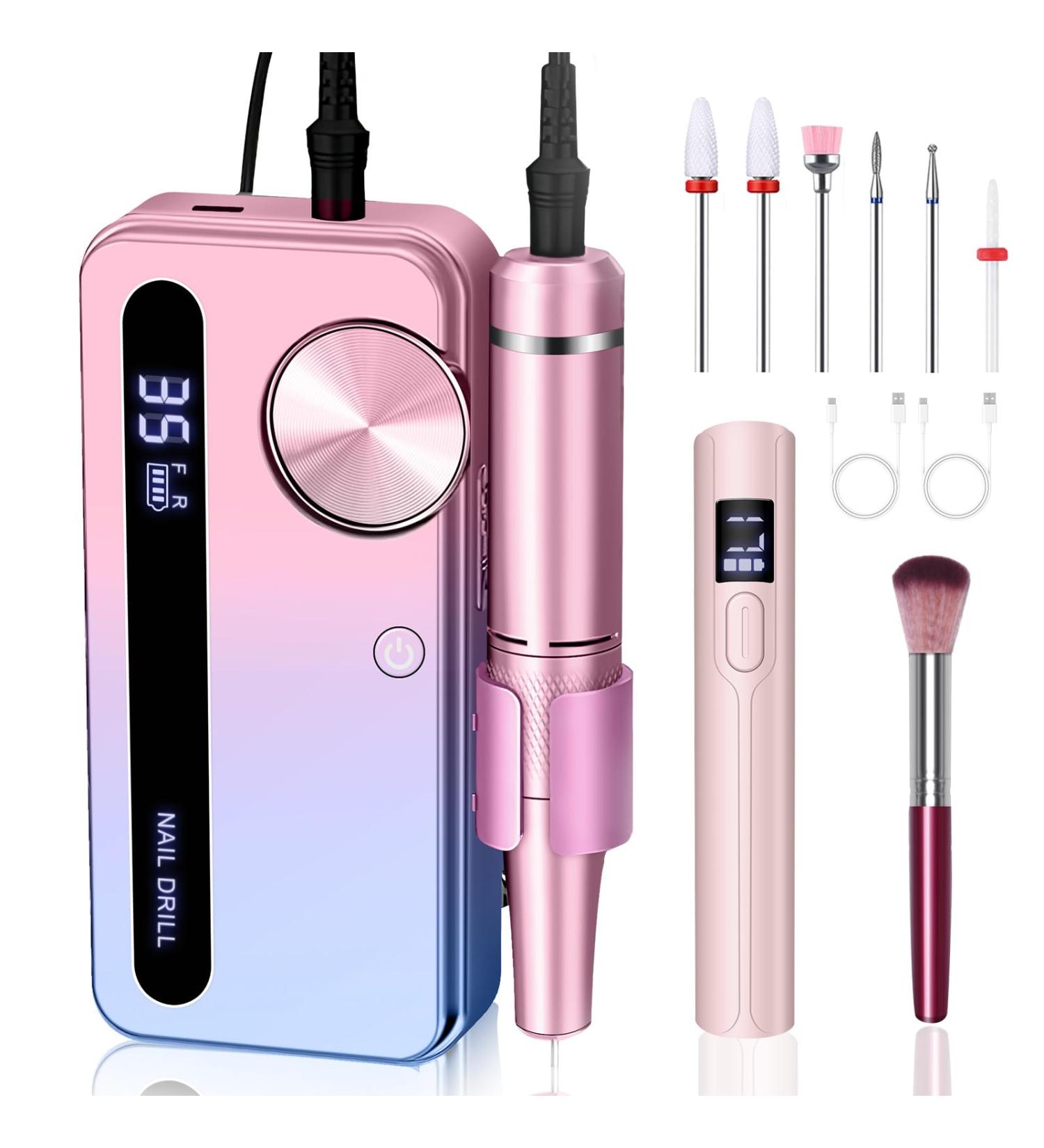 Portable Electric Nail Drill - 35000RPM Cordless Nail Drill with Mini UV Lamp - Rechargeable Professional Nail Tool for Home & Salon - Pink - Buy Online on GoSupps.com