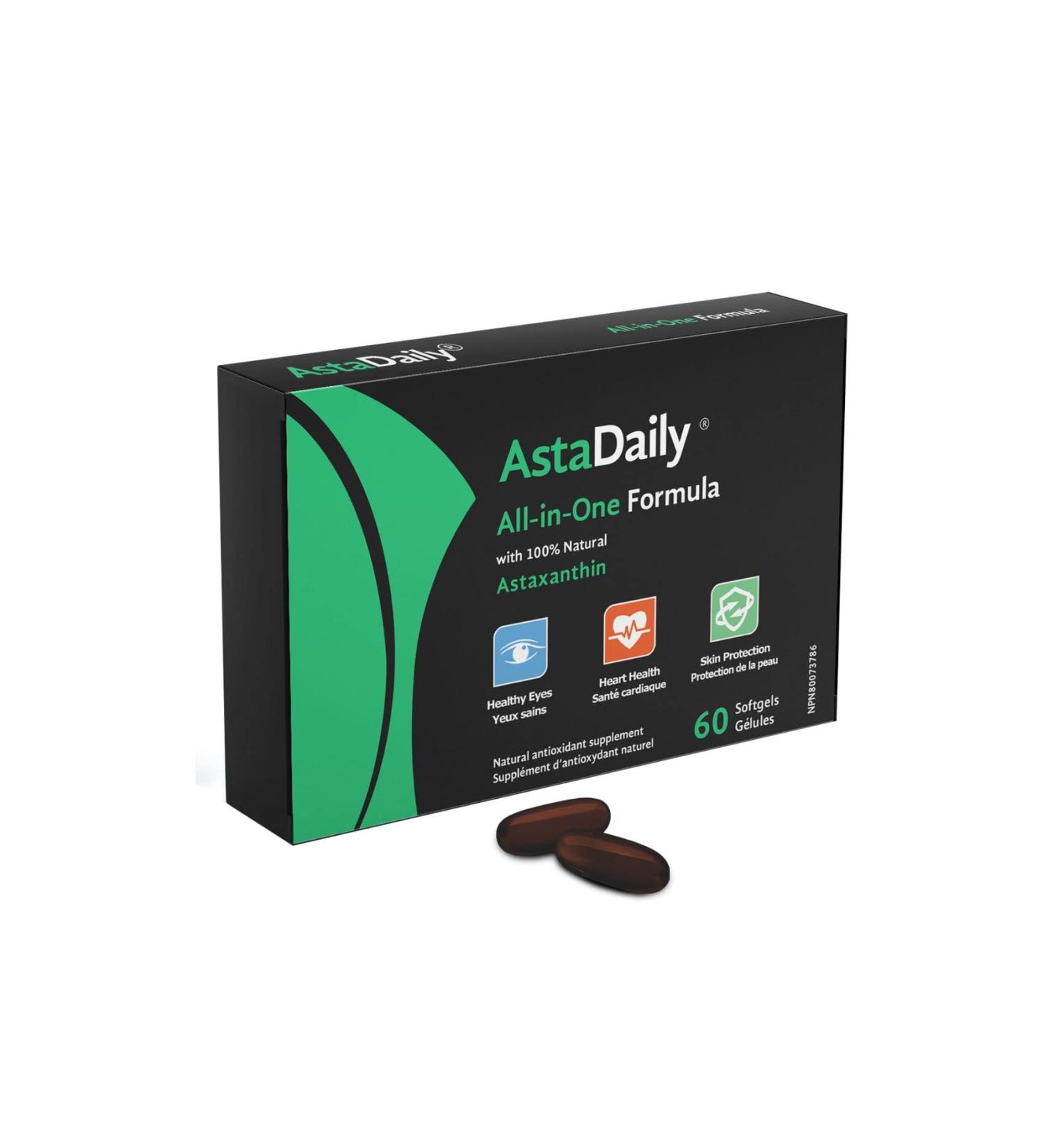 AstaDaily Natural Astaxanthin Supplement | Vision, Heart & Skin Support | 1 Month Supply | Made-in-Canada | Non-GMO, Gluten Free | 60 Caps - Buy Online on GoSupps.com