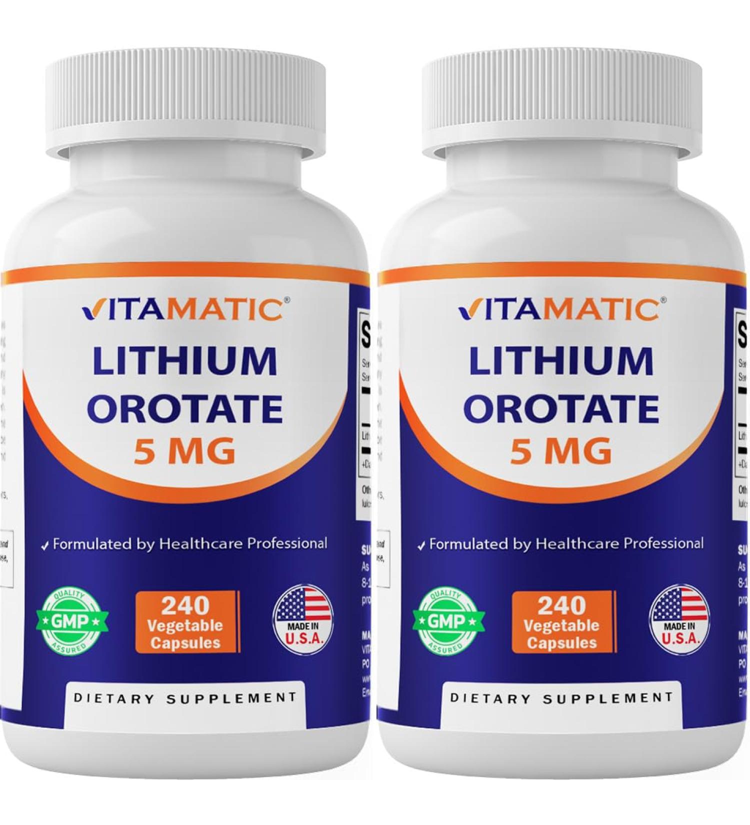 Vitamatic Lithium Orotate 5mg 240 Veggie Capsules Non-GMO Gluten Free. - 2 Pack 480 Count (Pack of 1) - Buy Online on GoSupps.com