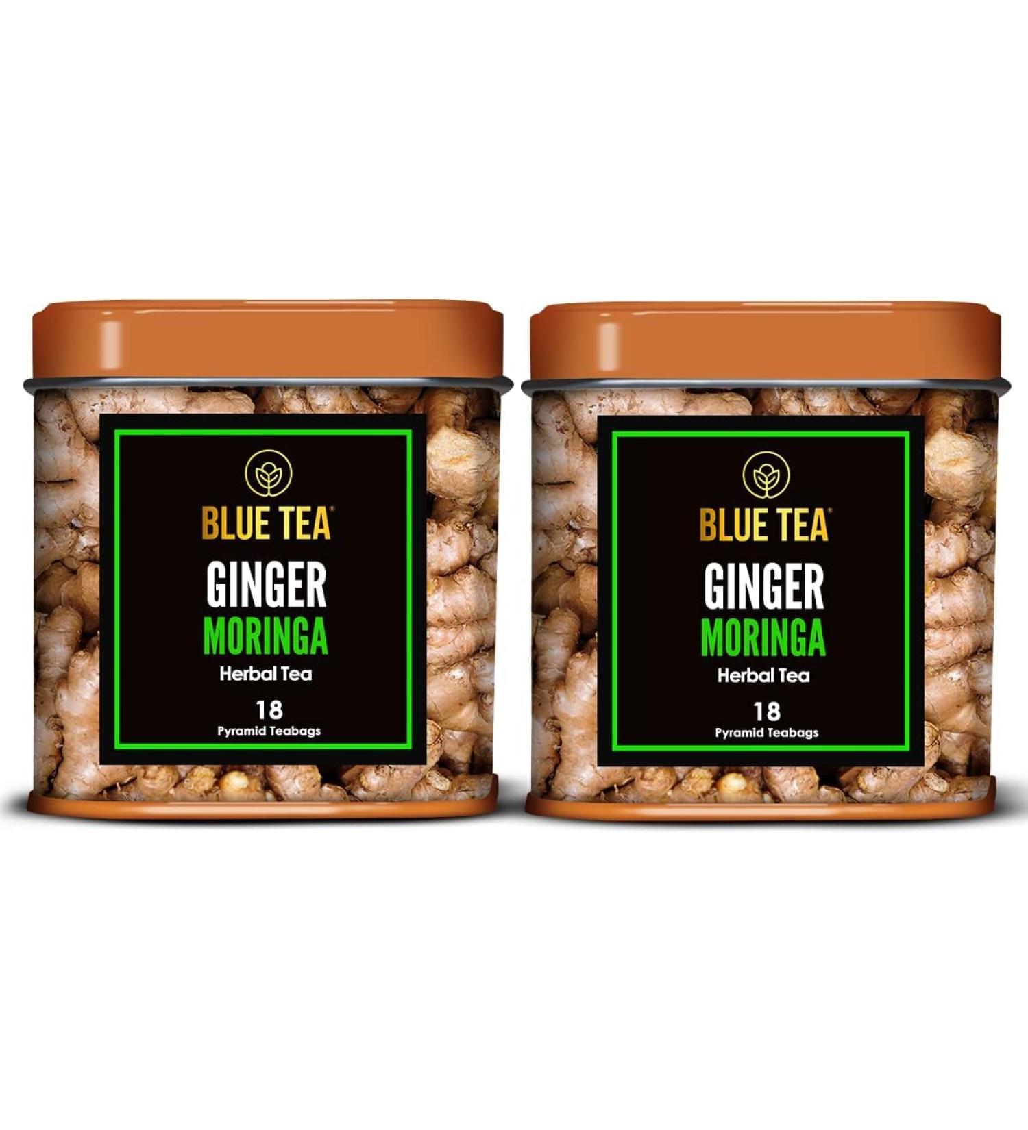 BLUE TEA - Ginger Moringa Herbal Tea - 36 Tea Bags (Pack of 2) |HEALTHY SUPERFOOD | Blend of Indian Ginger and Fresh Moringa | Caffeine Free | Eco-Sustainable Packaging - Buy Online on GoSupps.com