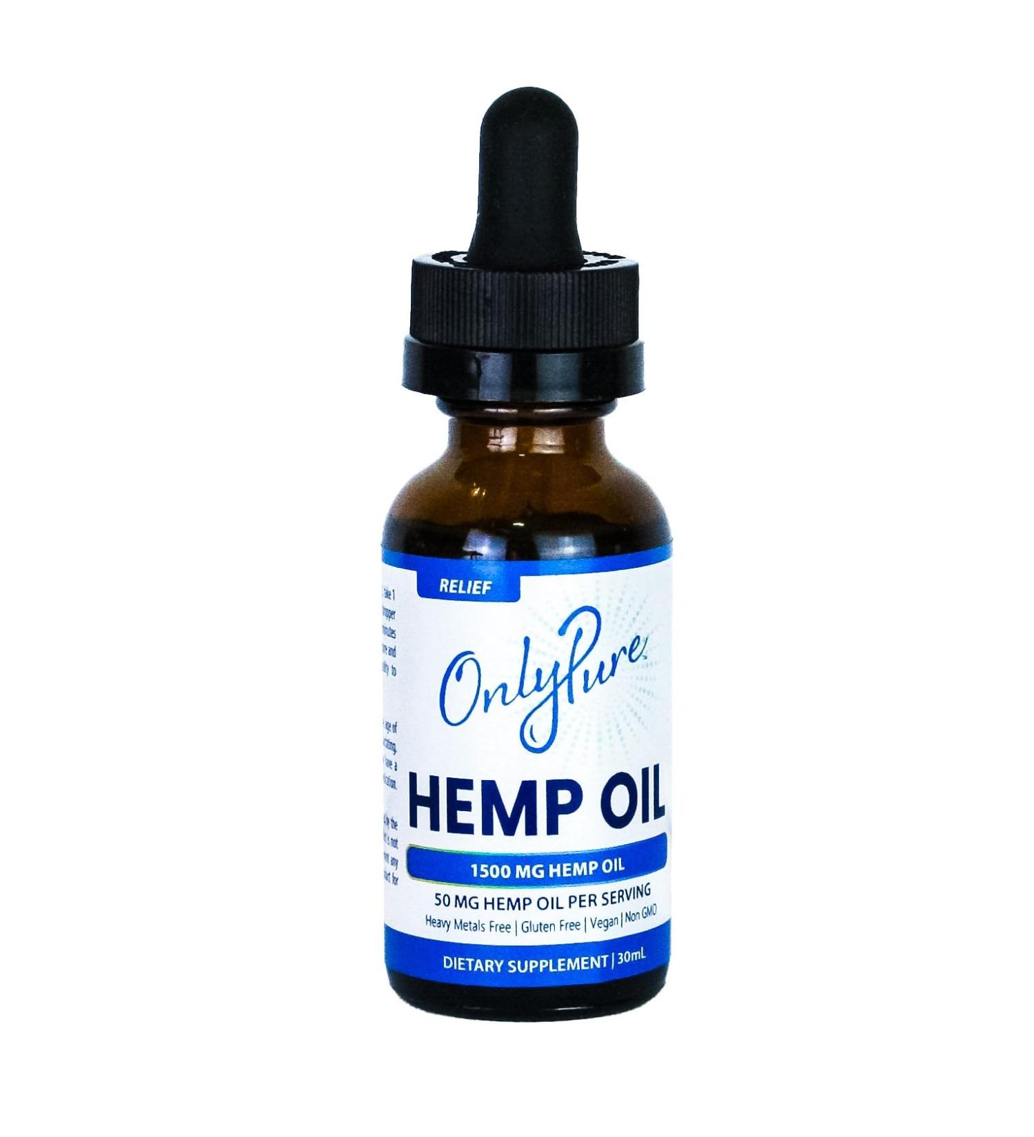 OnlyPure Relief Hemp Oil Extract Drops 1500 mg Supports Daily Overall Health Wellness Sleep & Relaxation All Natural with MCT Oil Non-GMO & Vegan 30 mL (30 Servings) - Buy Online on GoSupps.com