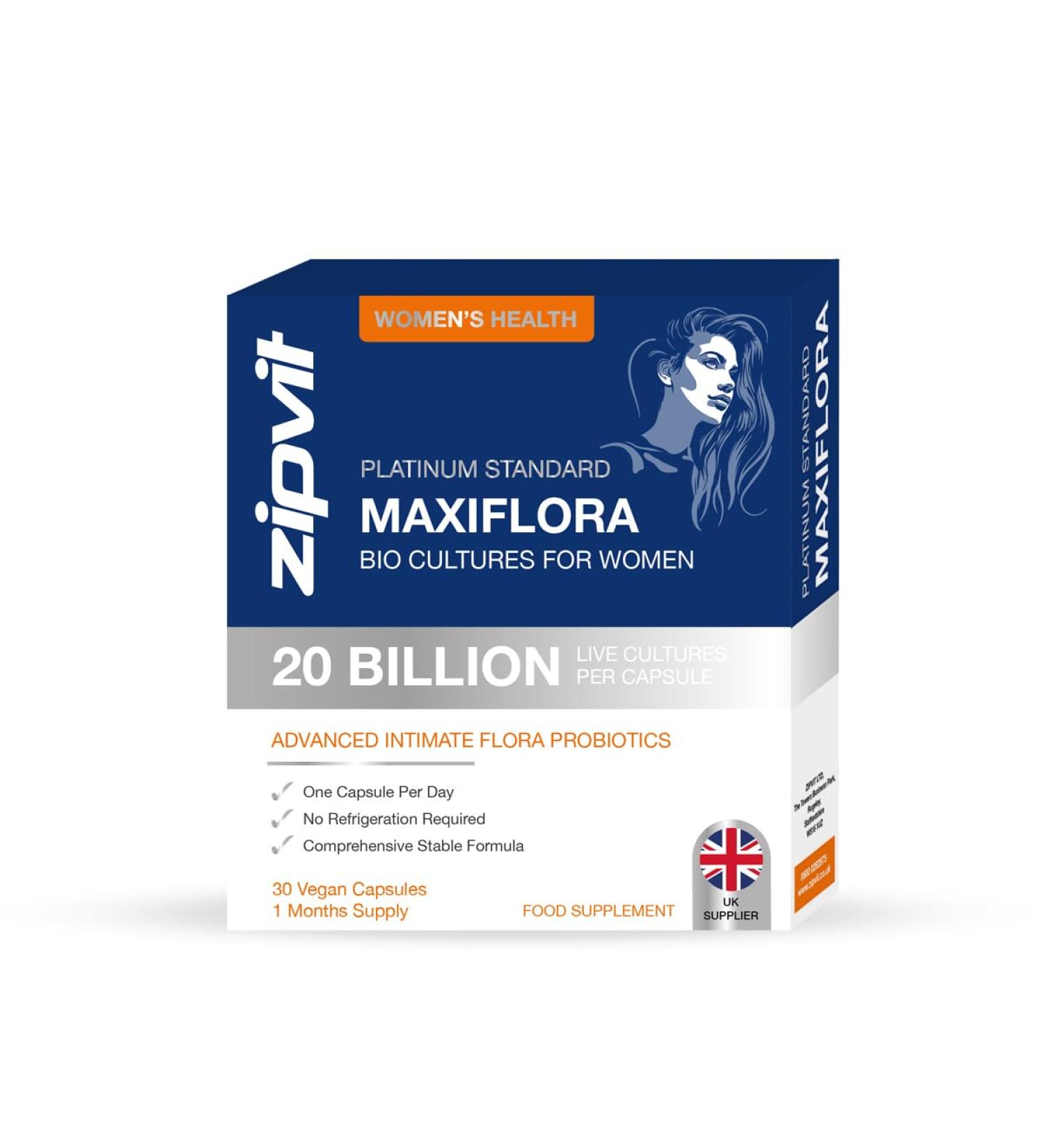 Maxiflora Probiotics for Women - 20 Billion CFU, Digestive & Intimate Flora Support - 30 Vegan Capsules, 1 Month Supply - UK Supplier - Buy Online on GoSupps.com