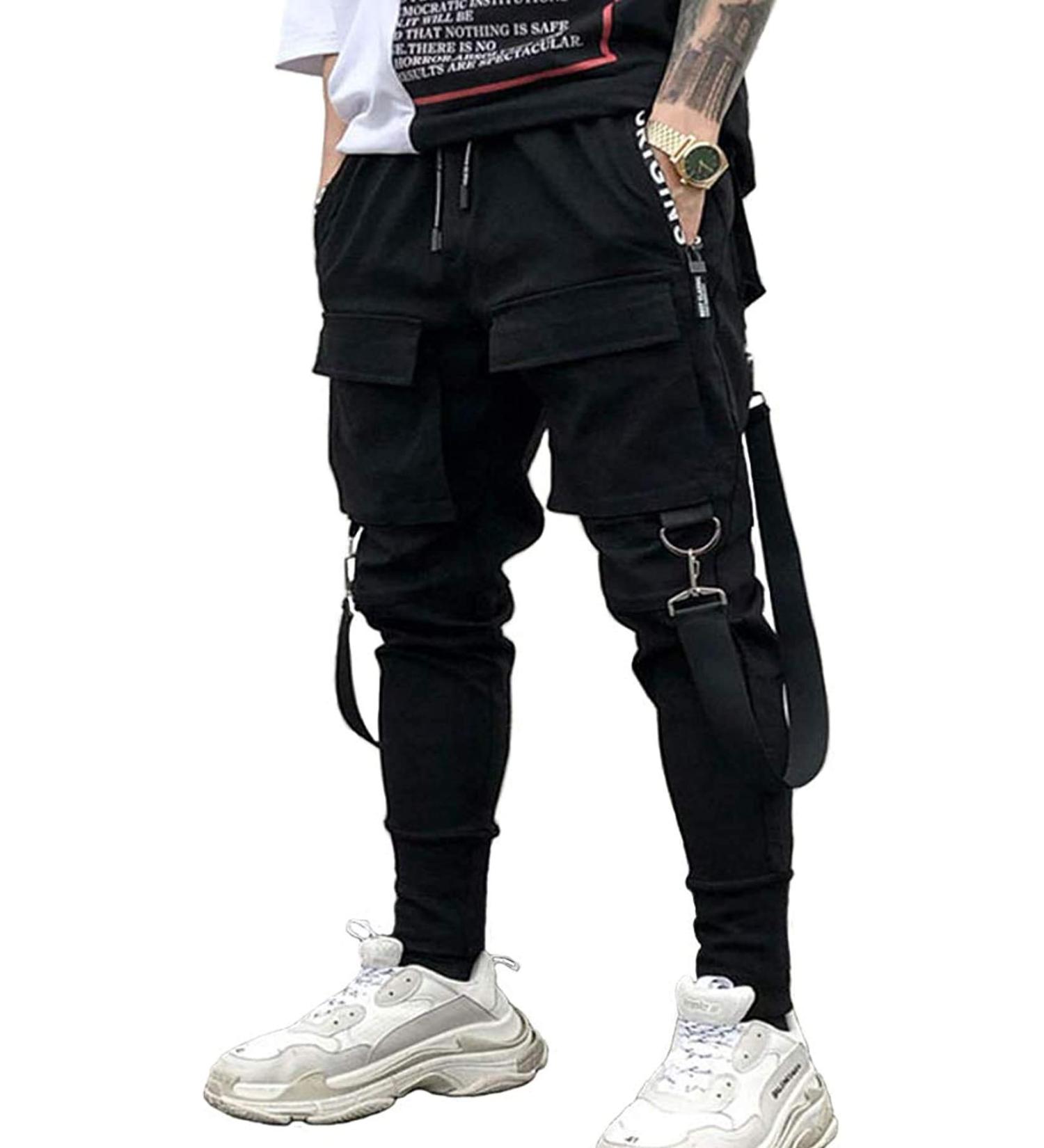 Men's Elastic Waist Harem Pants Jogger Drawstring Motor Biker Punk Trousers Hip Hop Pockets Sweatpants Medium Black