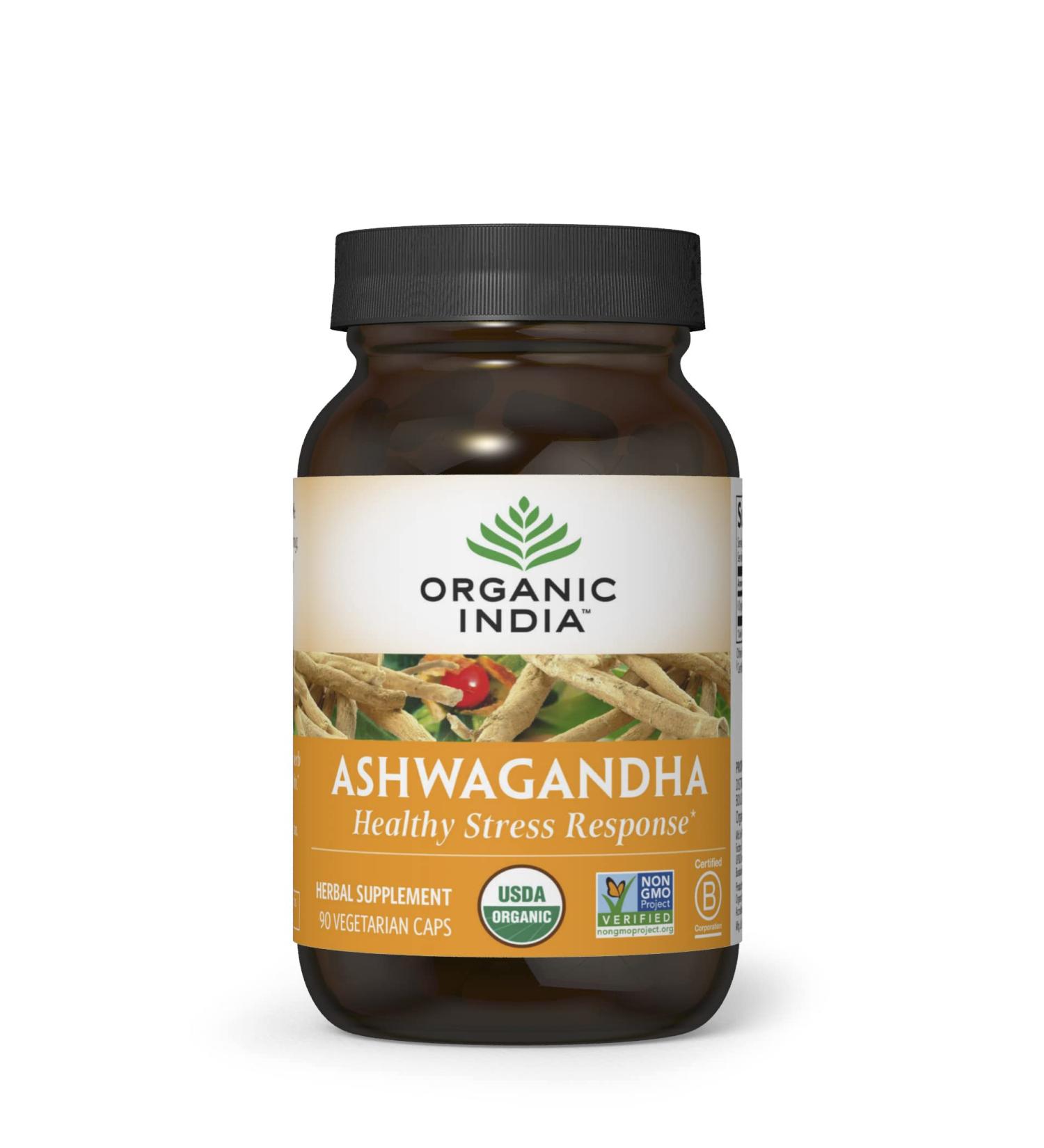 Organic India Ashwagandha Herbal Supplement - Stress Support & Mood Enhancement - 90 Capsules, USDA Organic, Vegan, Non-GMO - Buy Online on GoSupps.com