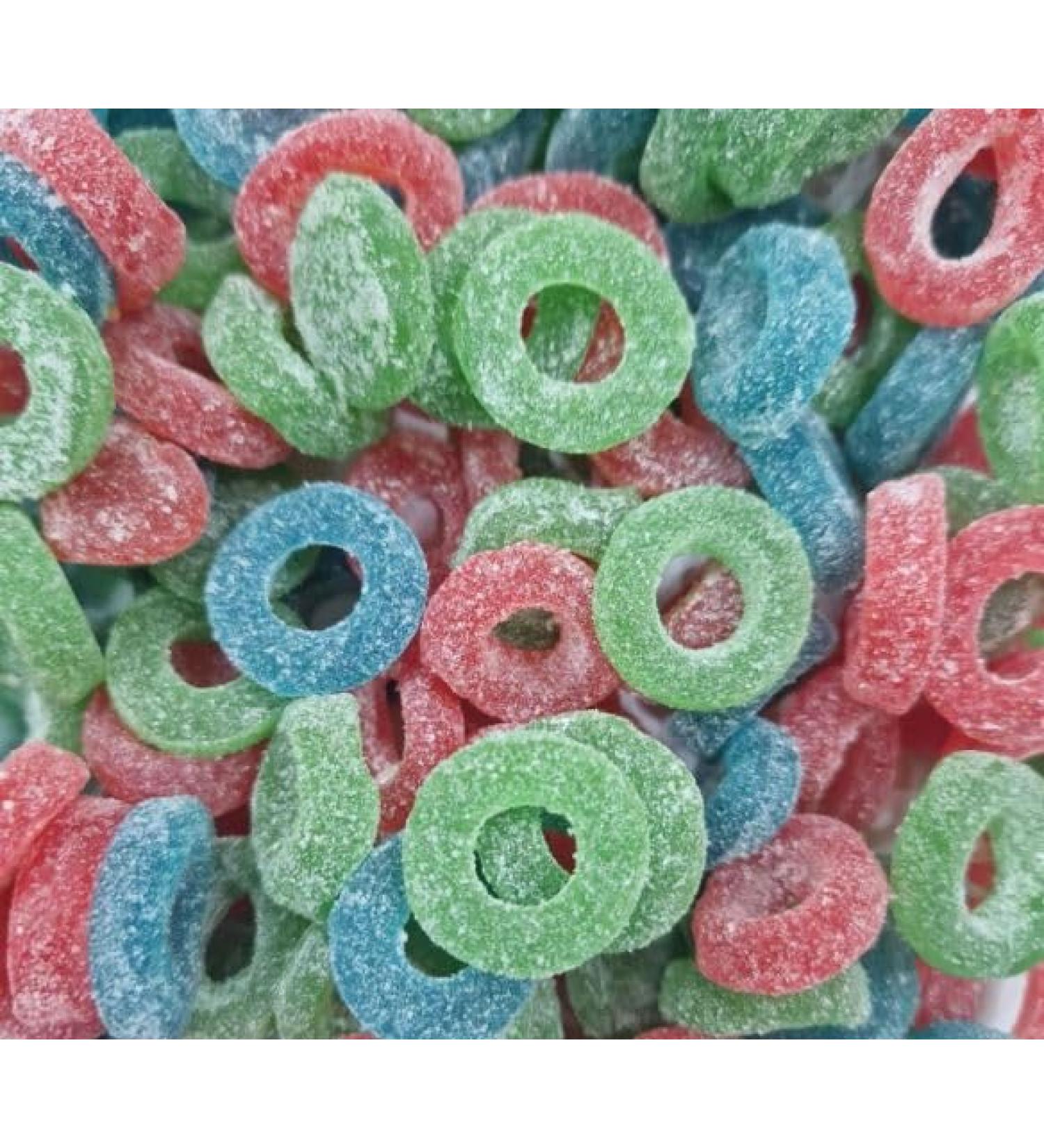 Fizzy Ring Sweets | Green Apple Blue Raspberry Red Strawberry Mix Bag of Sweets | Halal (1kg) - Buy Online on GoSupps.com