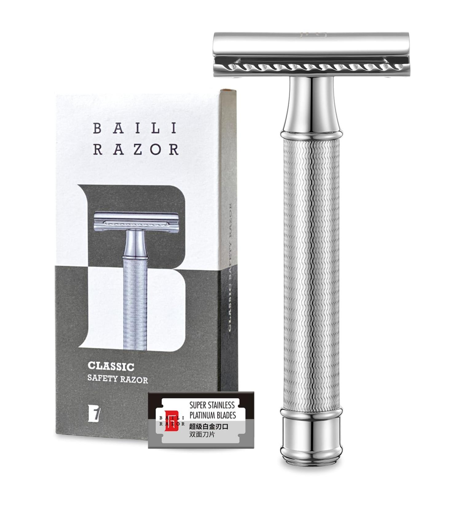 BAILI Stainless Steel Safety Razor - Double Edge Wet Shaving for Men & Women | Includes 5 Swedish Platinum Blades - Buy Online on GoSupps.com