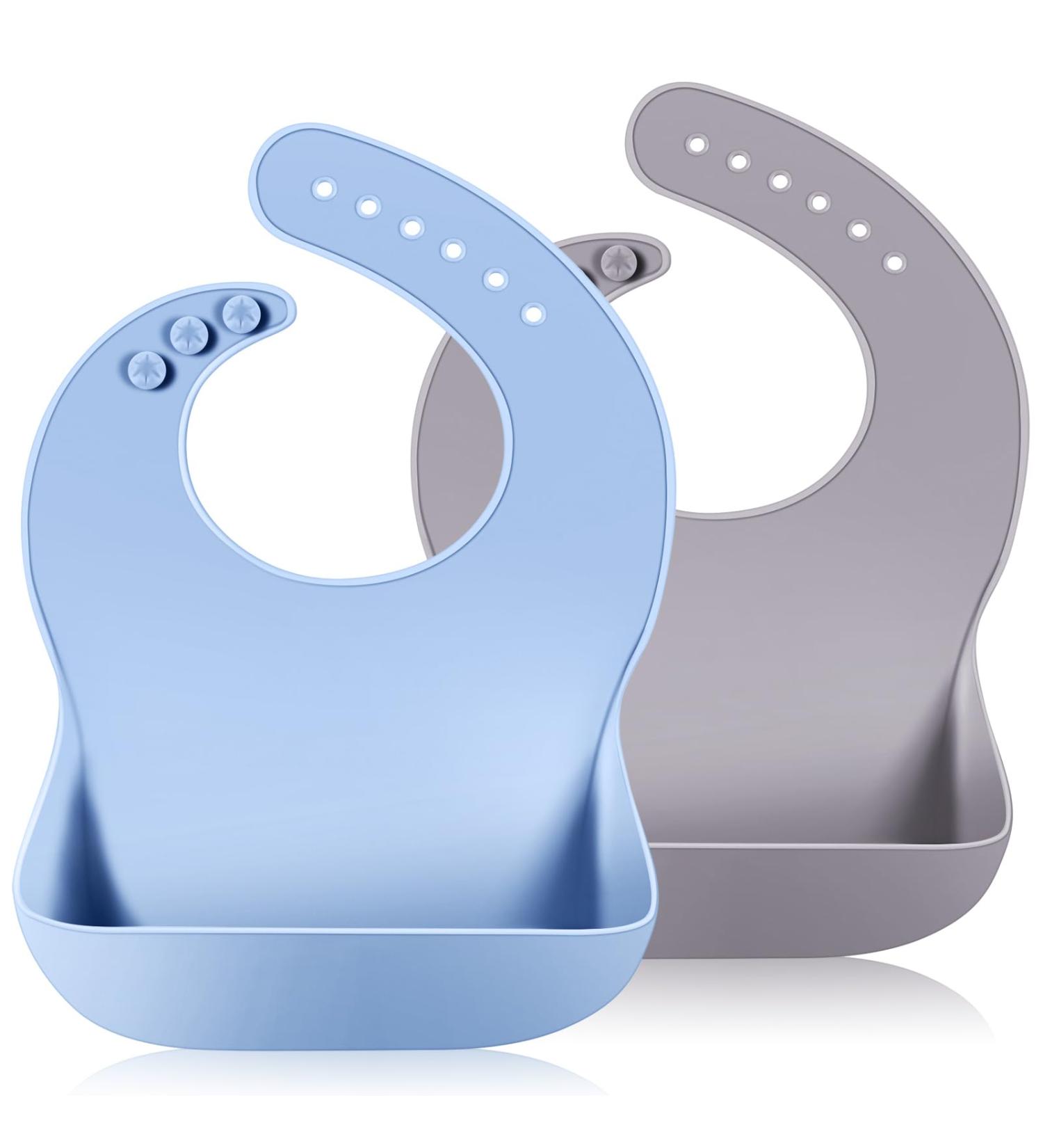 Vicloon Silicone Baby Bib 2PCS - Waterproof Bibs with Food Catcher Pocket - Adjustable Unisex Toddler Bibs (Grey-Blue) - Buy Online on GoSupps.com