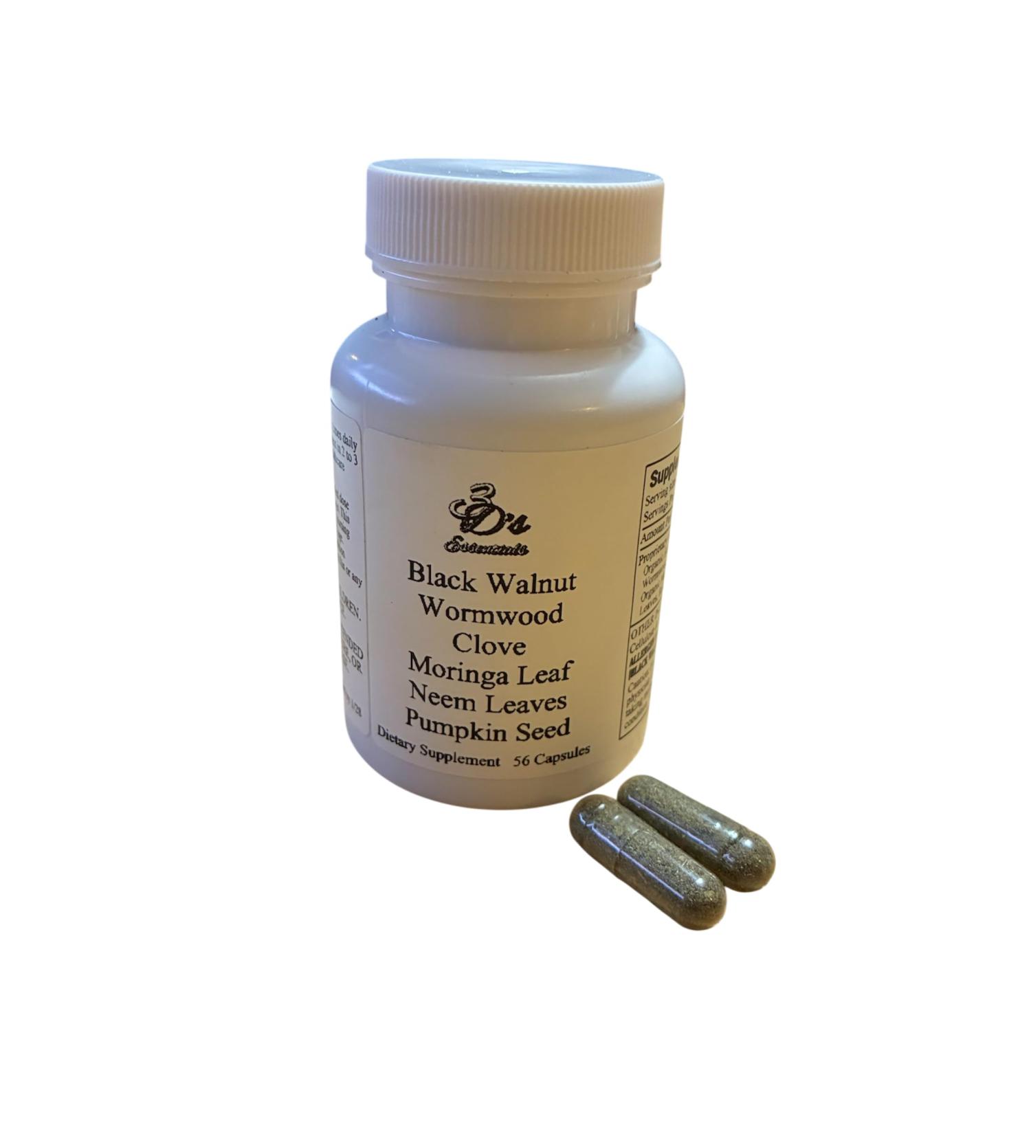 3D's Essentials Herbal Supplement Black Walnut Wormwood Clove Moringa Neem Pumpkin Seed 56 Capsules 950mg Proprietary Blend - Buy Online on GoSupps.com