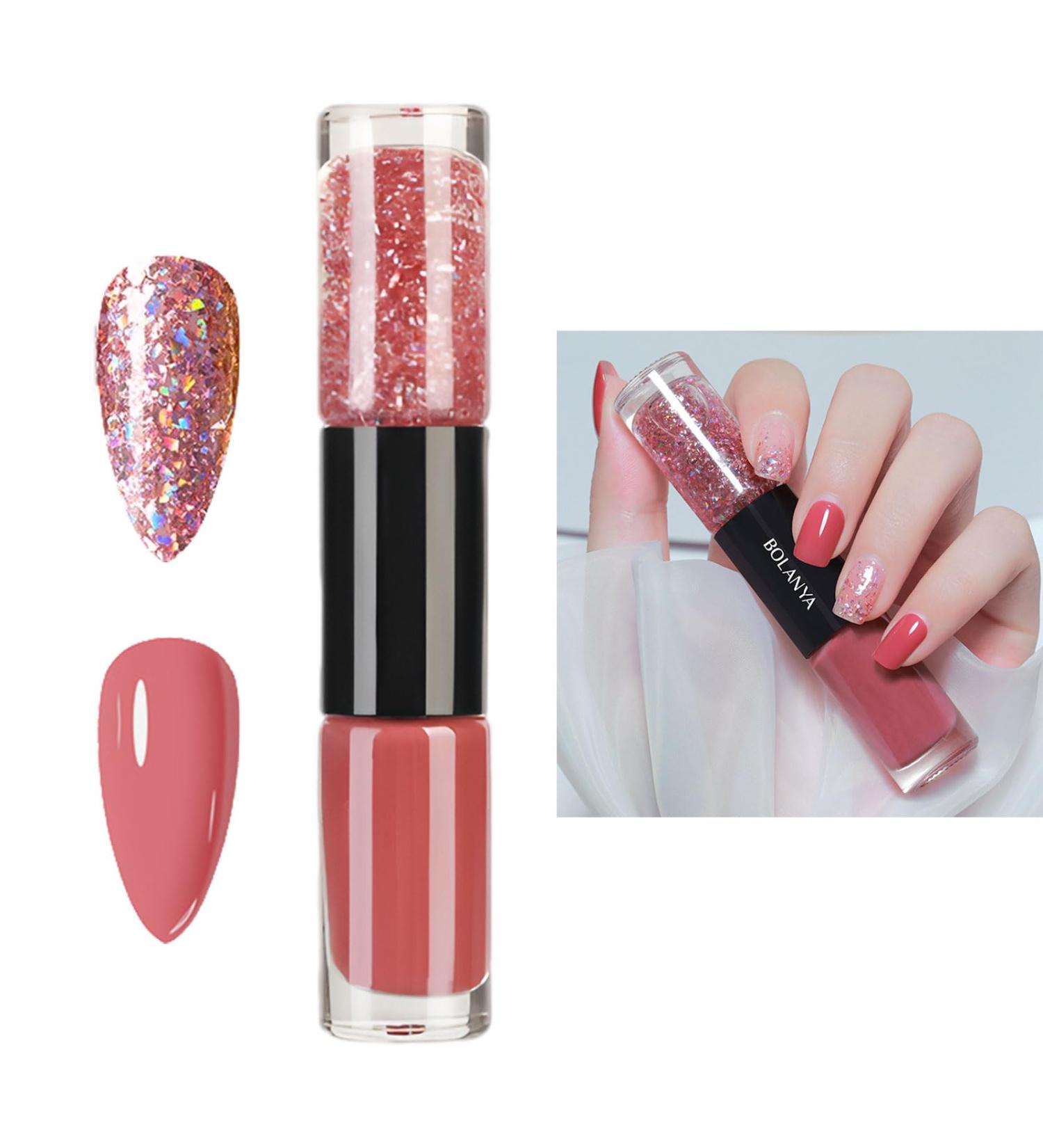 Pink Nail Polish Quick Dry 2 in 1 Glitter Nail Polish Set No Need Cure Nail Varnishes Glossy Finish Long Lasting Easy to Apply DIY Nail Art Manicure at Home Salon Gift for Girls & Women - Buy Online on GoSupps.com