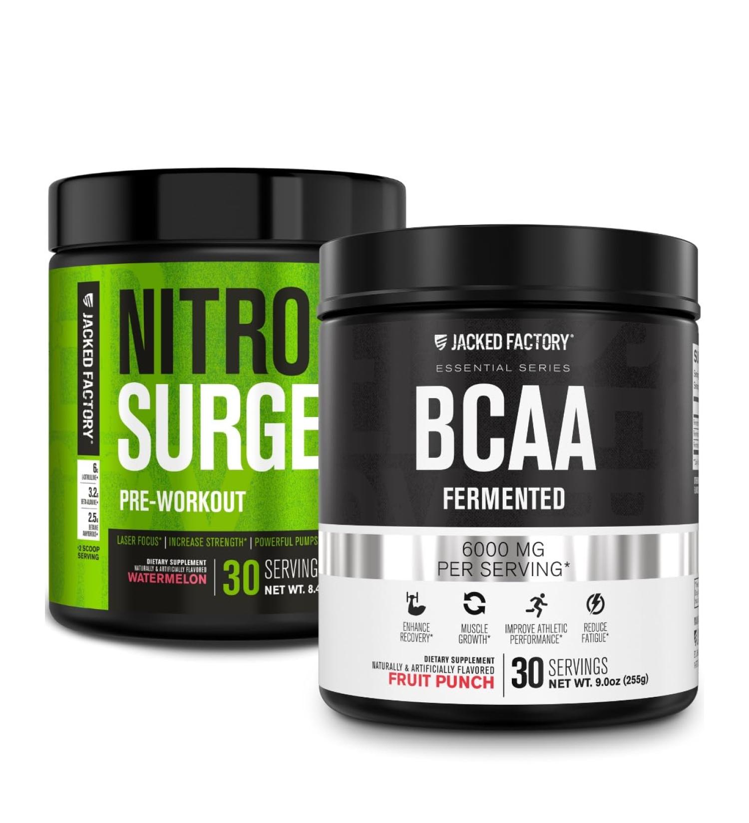 Jacked Factory Nitrosurge Pre-Workout in Watermelon & BCAA in Fruit Punch for Muscle Building and Recovery - Buy Online on GoSupps.com