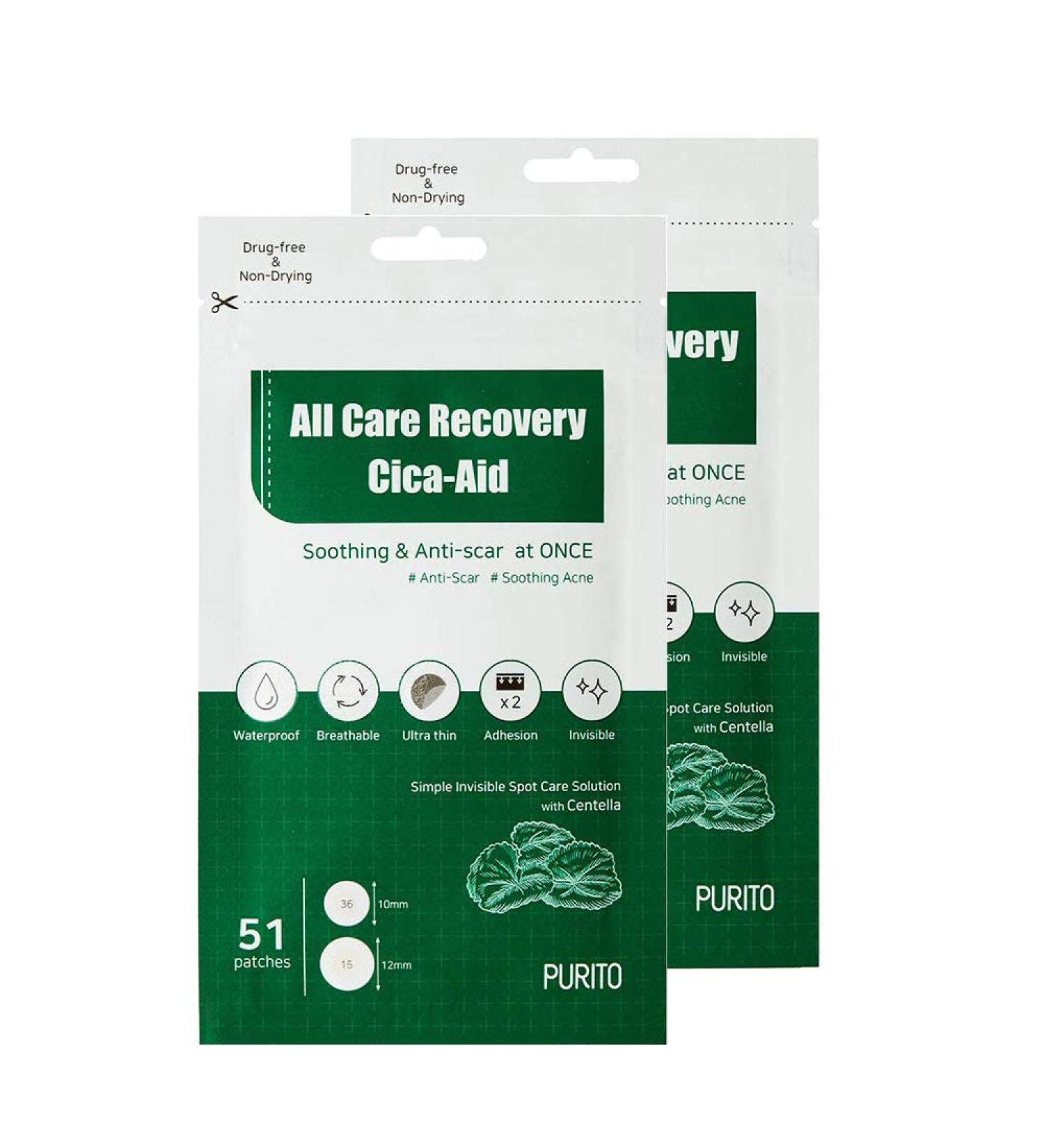 PURITO All Care Recovery Cica-Aid 51 Patches - Pack of 2 Hydrocolloid Acne Pimple Spot Treatment Dots - Centella Invisible Absorbing Cover - Buy Online on GoSupps.com