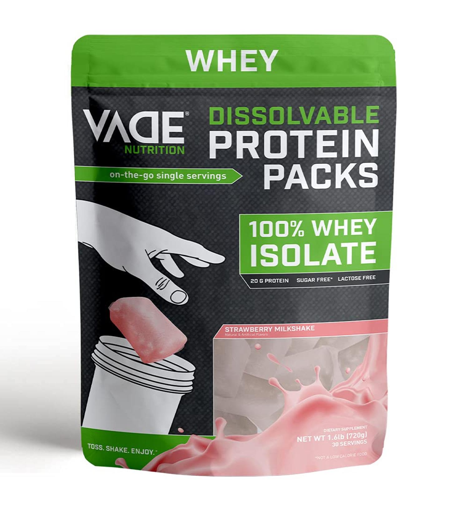 Vade Nutrition Strawberry Milkshake Whey Isolate Protein Packs - On-The-Go | Low Carb, Low Calorie, Lactose, Gluten, Fat & Sugar Free - 30 Servings - 1.6lb Pack - Buy Online on GoSupps.com