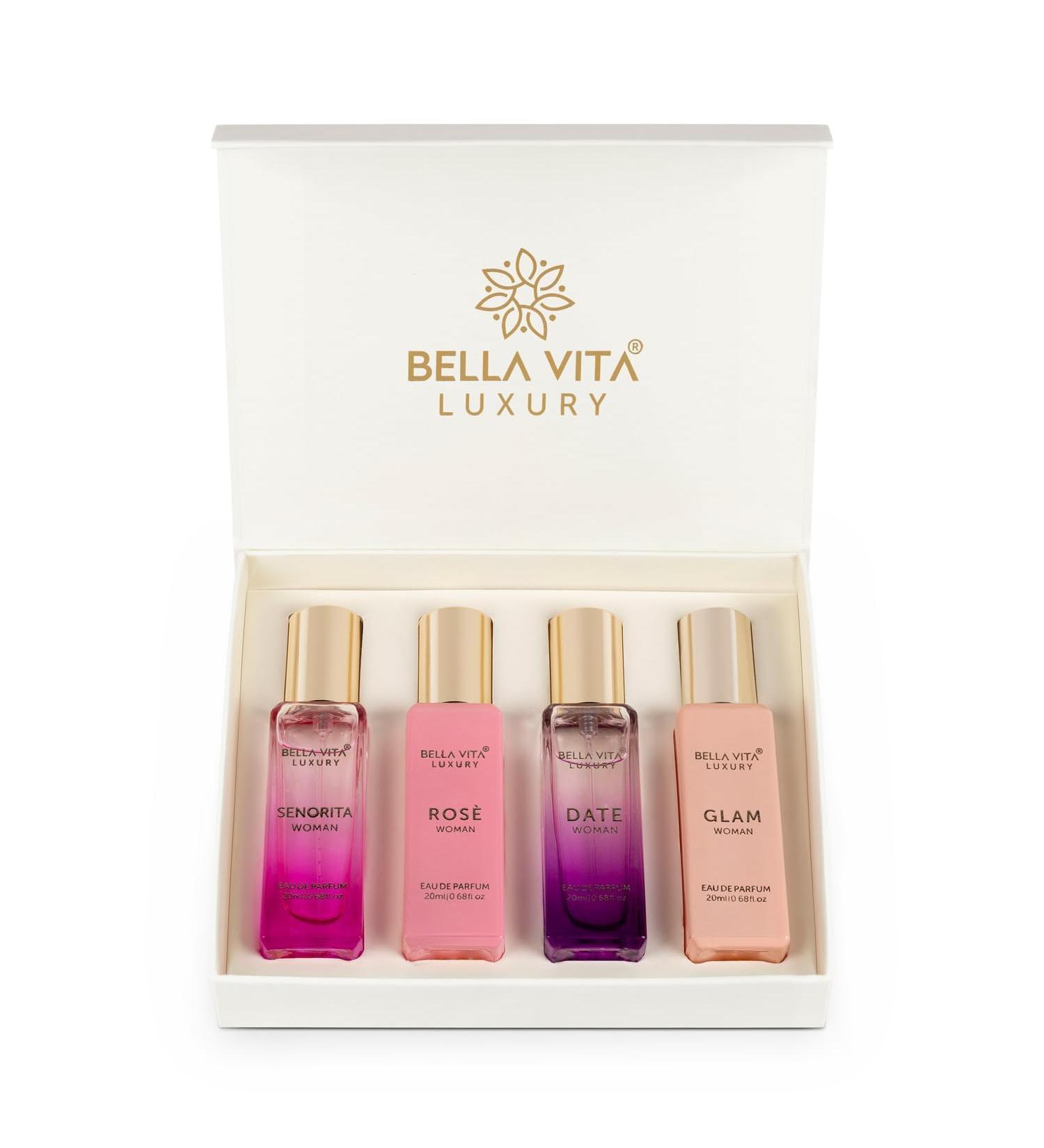 "Bella Vita Luxury Women's Eau De Parfum Gift Set - 4x20ml (Date Senorita Glam Rose) - Floral & Fruity Long-Lasting Fragrance Collection" - Buy Online on GoSupps.com