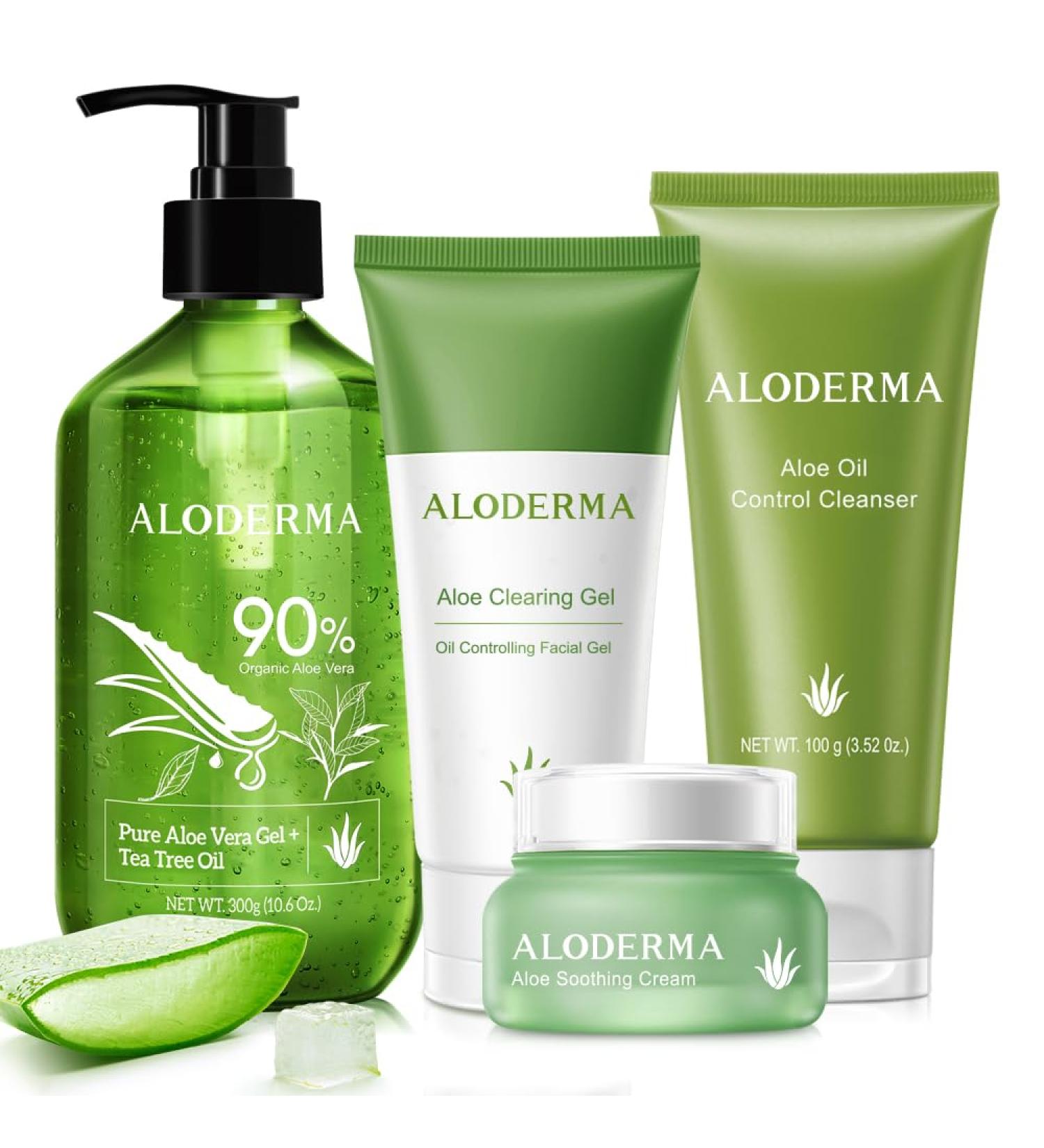 Aloderma Essential Aloe Clearing Set - 4 Pieces - Cleanser Soothing Cream Aloe Vera Gel with Tea Tree Oil and Aloe Clearing Gel - Buy Online on GoSupps.com