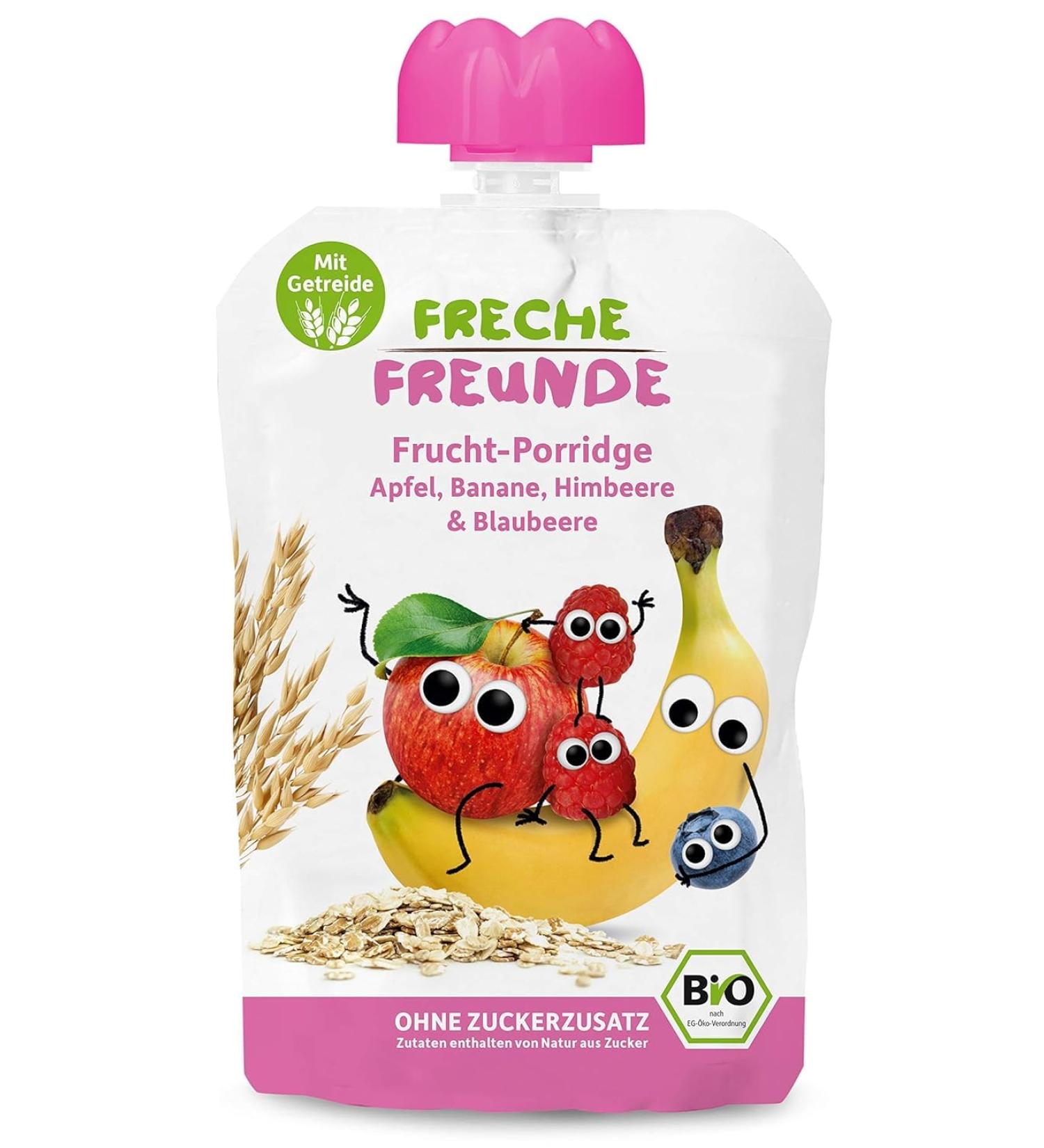 Cheeky Friends Bio Quetschie Fruit Porridge - Vegan Gluten-Free Apple Banana Raspberry & Blueberry (12 x 100g) - Perfect for Babies & Children (6 Months+) - Buy Online on GoSupps.com