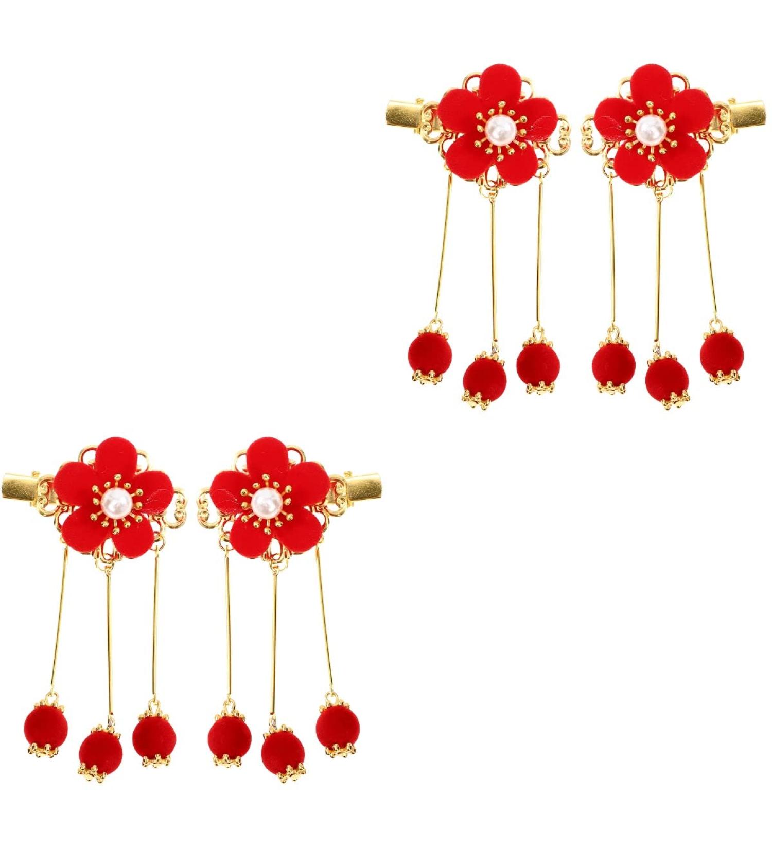 Holibanna Chinese Hair Clip 2 Pairs Chinese Style Hair Clip Japanese Handmade Flower Tassel Hairpin Headdress Kids Hairpins Hanfu Side Clip for New Year Kimono Costume Accessories Red - Buy Online on GoSupps.com