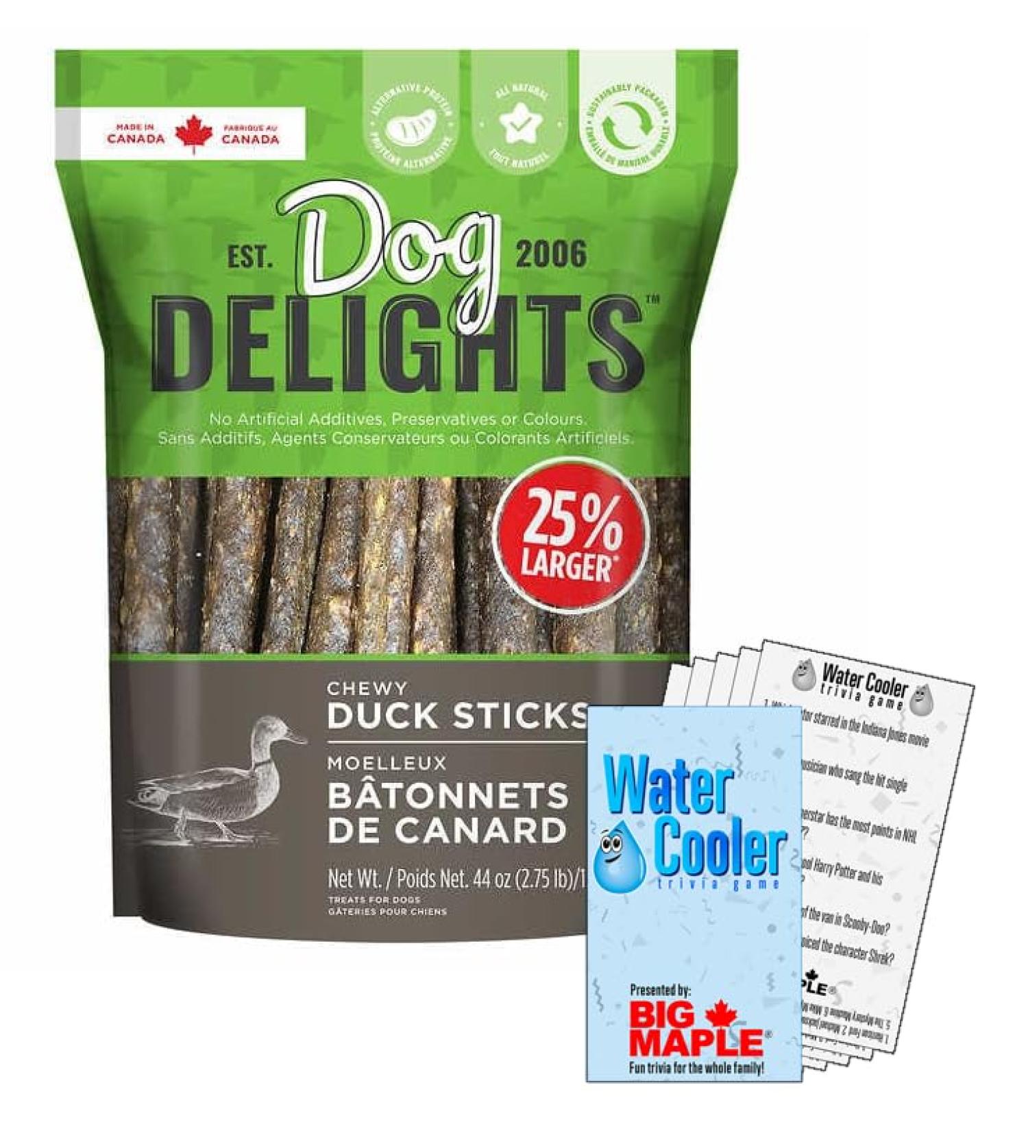 Chewy Duck Sticks Dog Treats Bundle. Includes (1) Package of Dog Delights Chewy Duck Sticks Dog Treats (2.75 lbs) with Water Cooler Trivia Game by BIG MAPLE . Excellent as a Treat or Training Aid - Buy Online on GoSupps.com