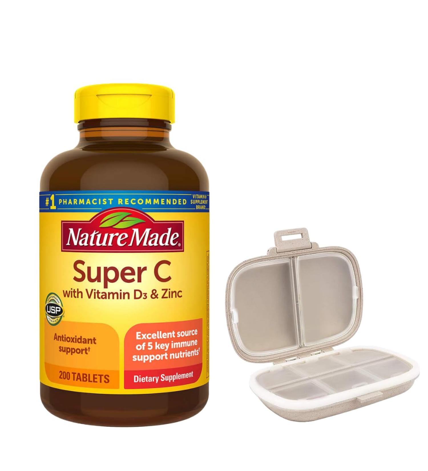 Nature Made Super C with Vitamin D3 and Zinc 200 Tablets Bundle with a Pill Oragnizer (2 Items)