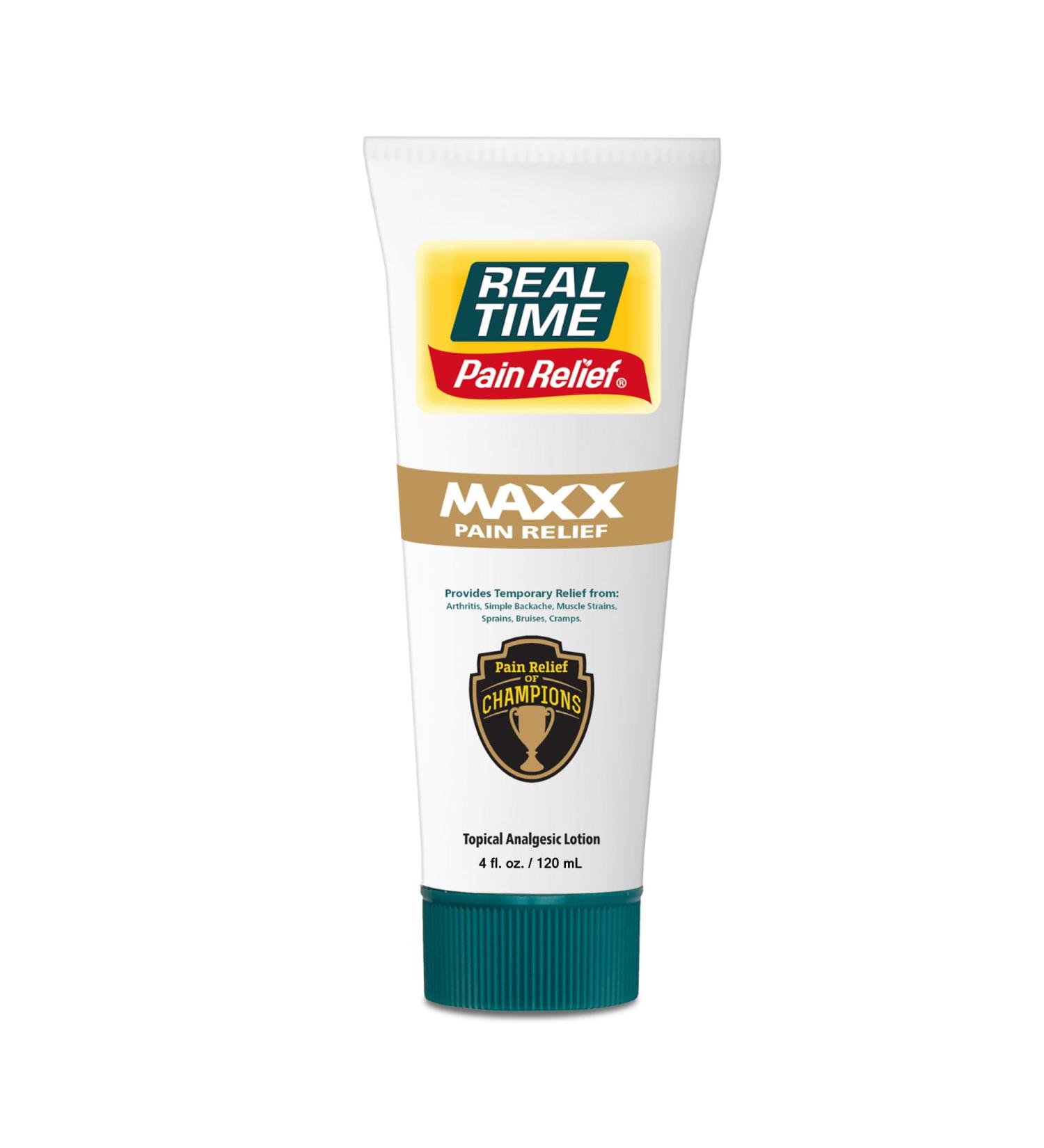 Real Time Pain Relief MAXX 4oz Tube | 18 Natural Ingredients: Arnica Menthol & Peppermint | Maximum Strength Muscle Pain Relief Lotion for Arthritis Hands Ankles Back Shoulders Knees & Joints 4 Fl Oz - Buy Online on GoSupps.com