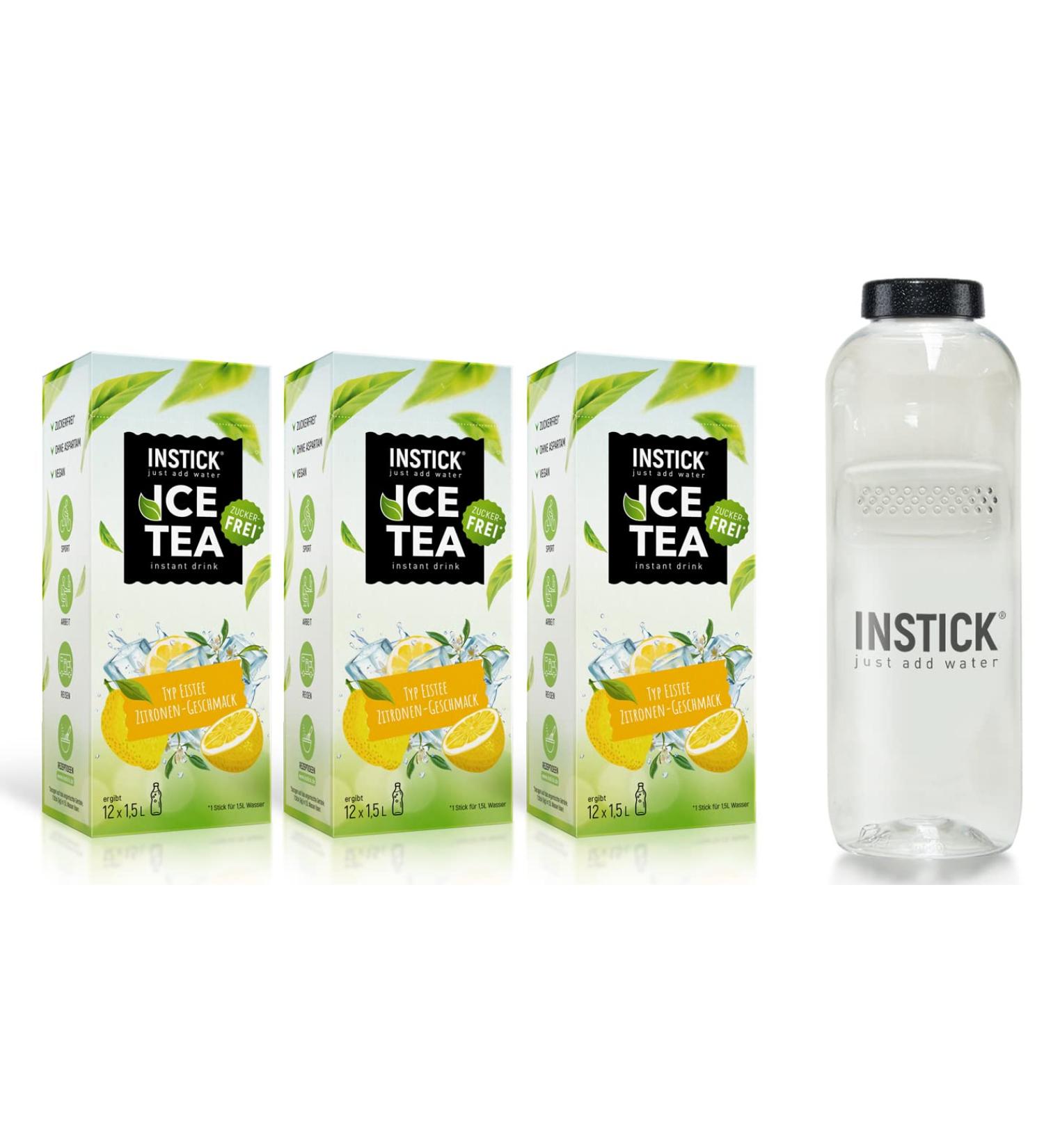 Intick Sugar-Free Ice Tea - VEGAN Instant Drink Powder 3x12 Sticks | 3 Iced Lemon Flavors + Tritan 1L Bottle | Low-Calorie Beverage with Vitamin C - International Shipping Available - Buy Online on GoSupps.com