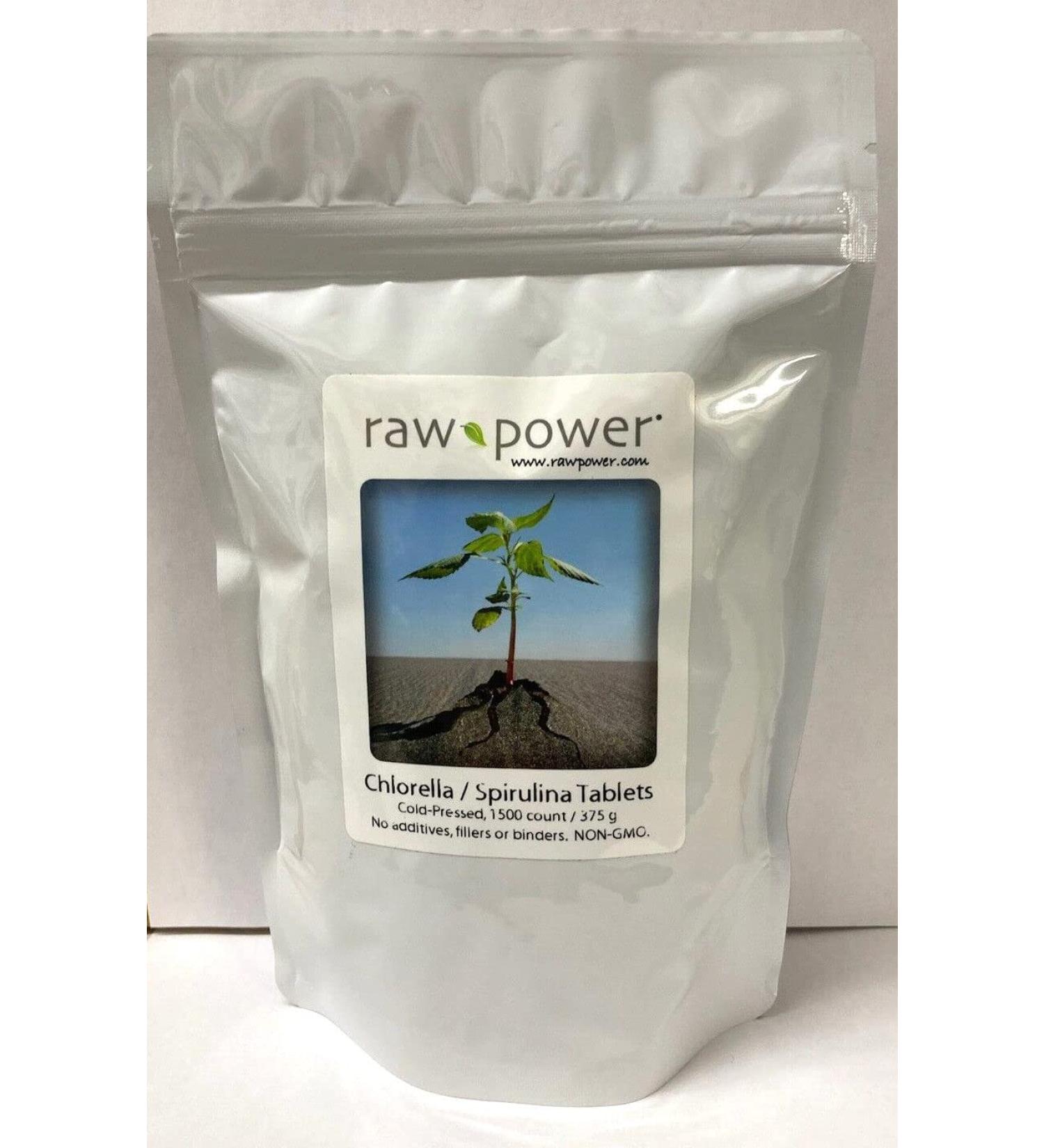 Raw Power Chlorella/Spirulina Tablets (1500 Count 375 g Cold-Pressed 50/50 Blend no additives fillers or Binders) Brand