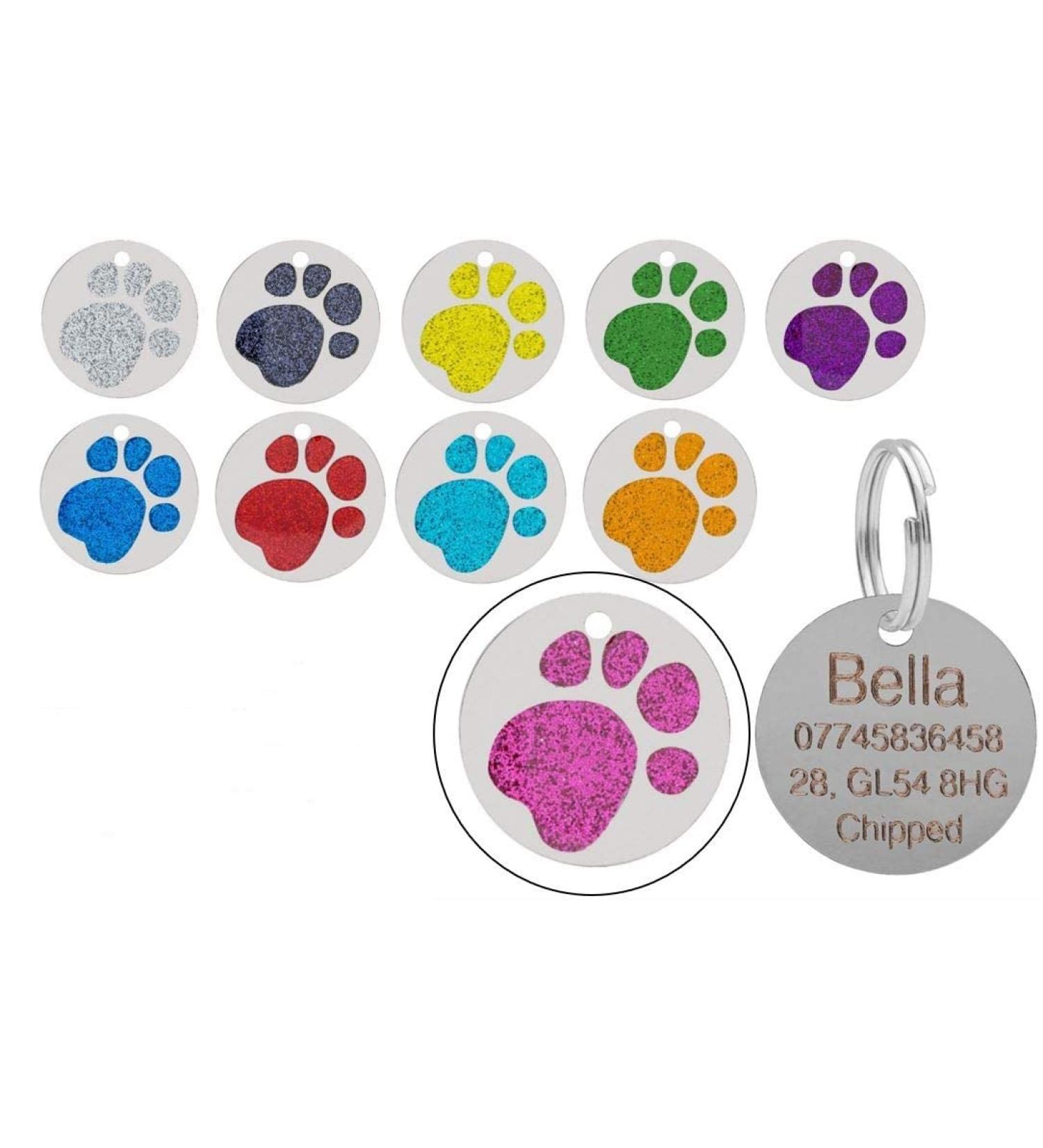 JK Personalised Engraved Round Glitter Paw Print Dog/Cat Pet ID Tag Small/Large (25mm - Standard Pink) 25mm - Standard Pink