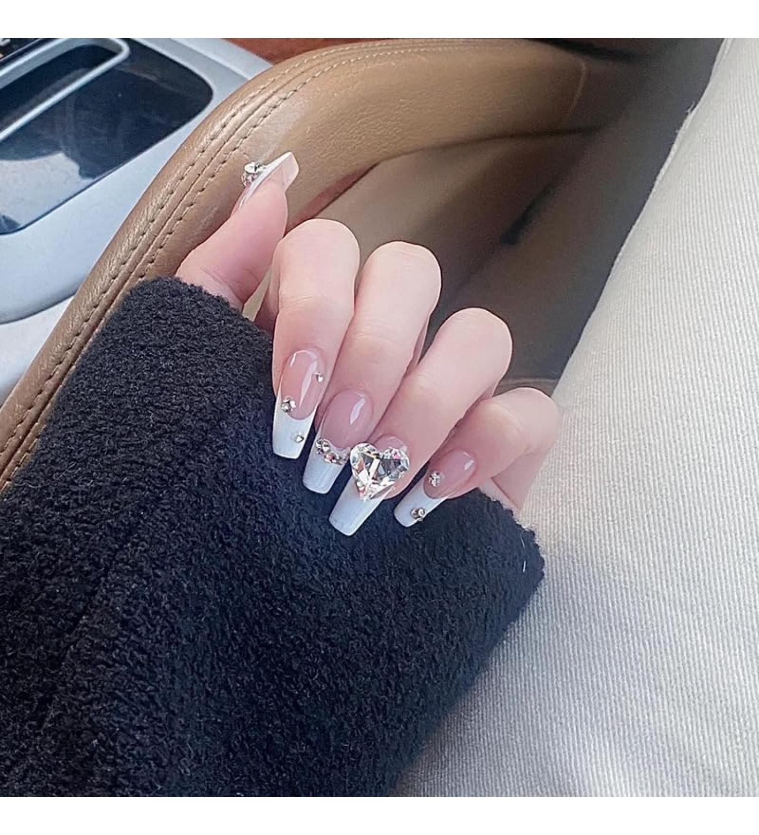 French Tip Press on Nails - Mid Length Press On Nails with Nail Tips Silver Glitter Rhinestones Love Design press on nails Acrylic False Nails Cute Artificial Nails - Buy Online on GoSupps.com