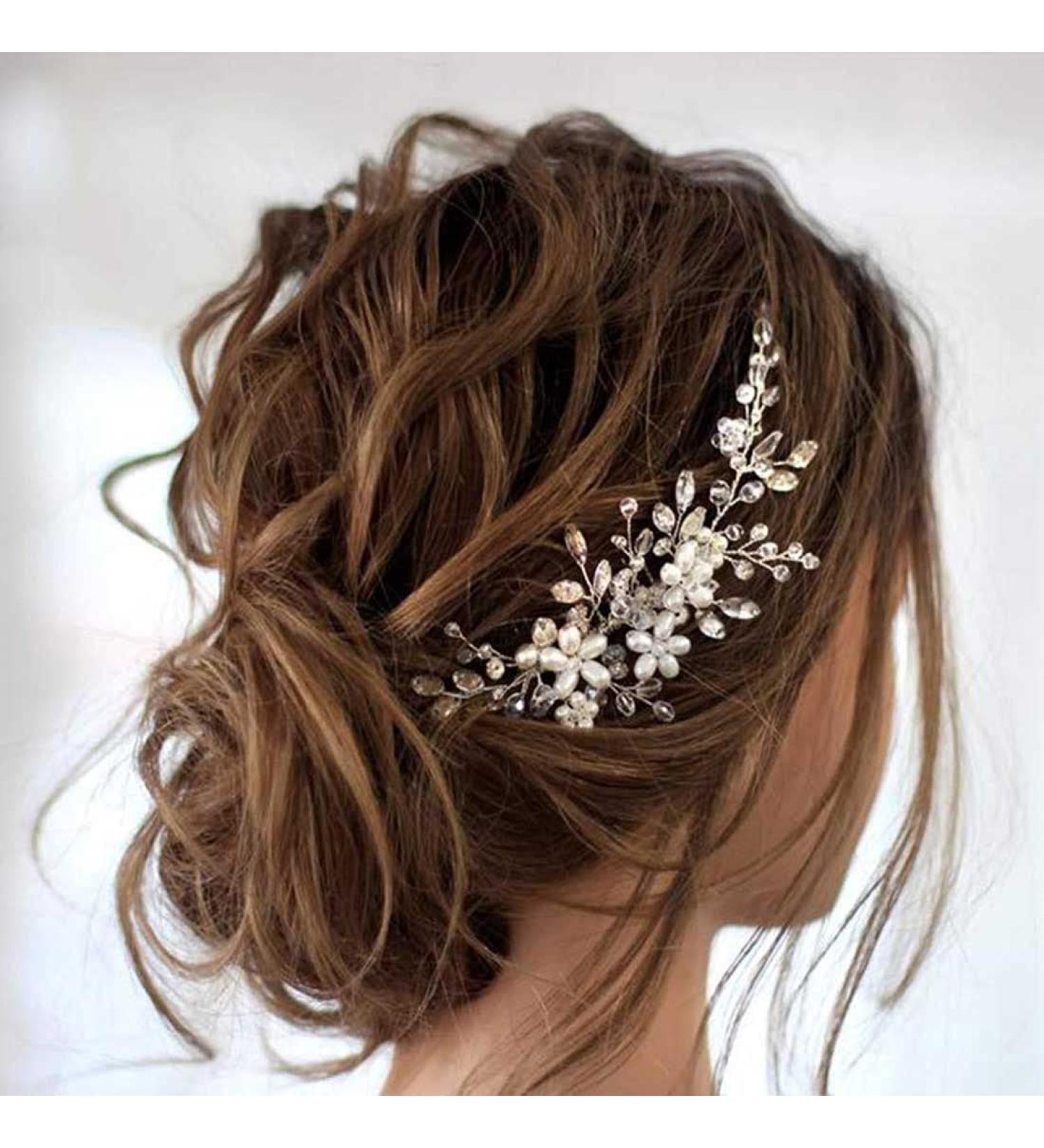 Prosy Bridal Wedding Flower Hair Comb Slide - Silver Crystal Hair Accessories & Rhinestone Headpiece for Women & Girls - Buy Online on GoSupps.com