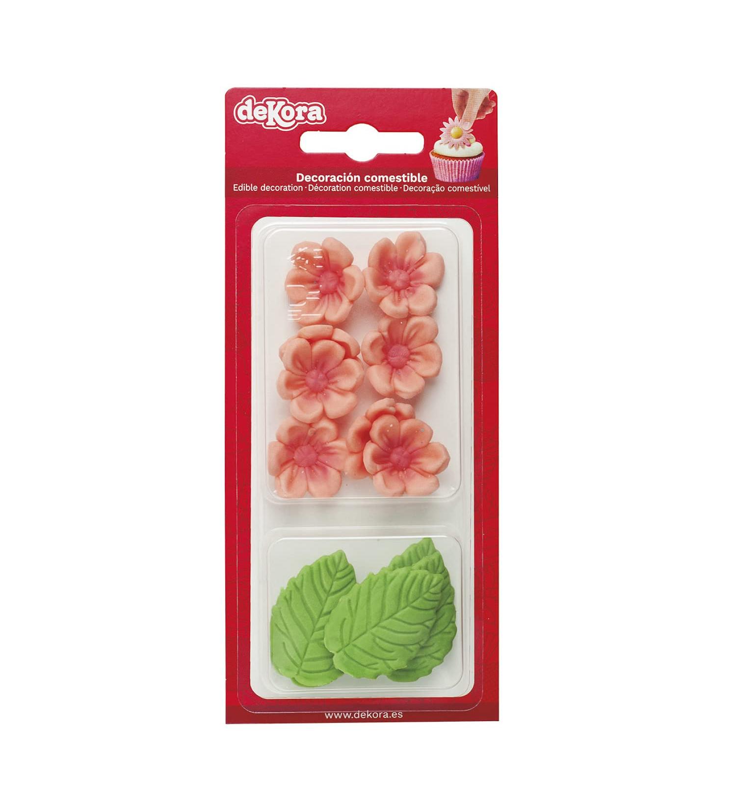 Dekora - Box of 8 Pink Sugar Flowers and 5 Green Leaves - Edible Cake Decorating Tools - Sugar Cake Decoration - Birthday Sugar Cake Decoration - Buy Online on GoSupps.com