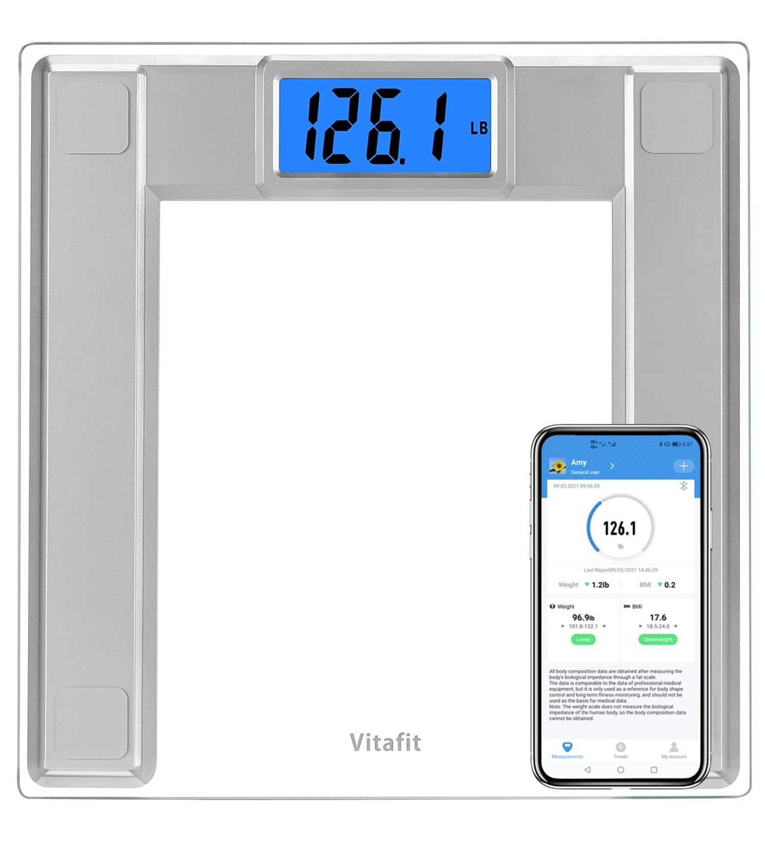 Vitafit 550lb Smart Digital Bathroom Scale with BMI Tracking via App | Extra-High Capacity, 8mm Tempered Glass, Step-On Design | Blue Backlit LCD Display | Silver - Buy Online on GoSupps.com