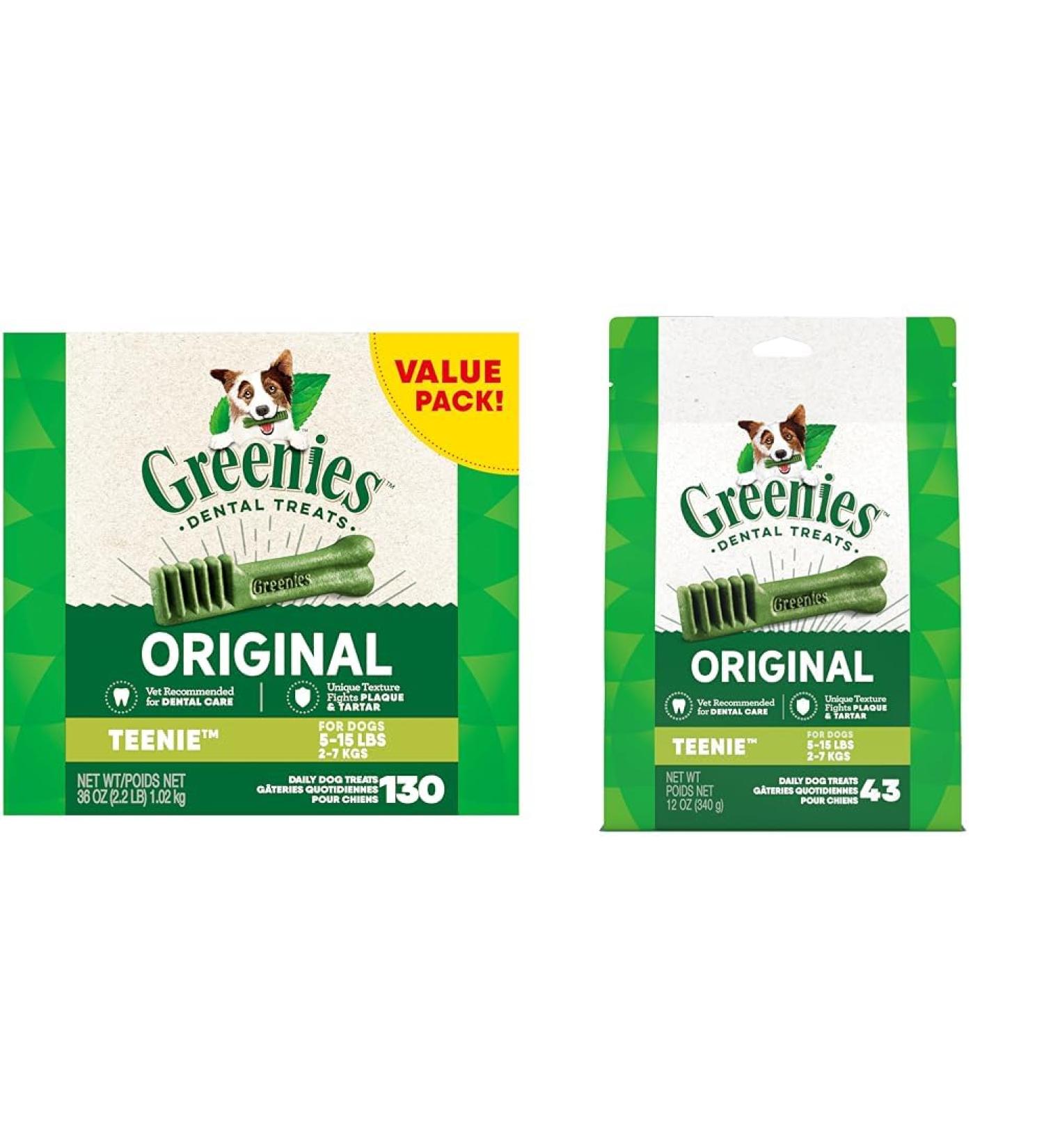 GREENIES Adult Dog Treats Original TEENIE Natural Dental Care (130 Treats) 36oz. Pack & Adult Dog Treats Original TEENIE Natural Dental Care (43 Treats) 12oz. Pack - Buy Online on GoSupps.com