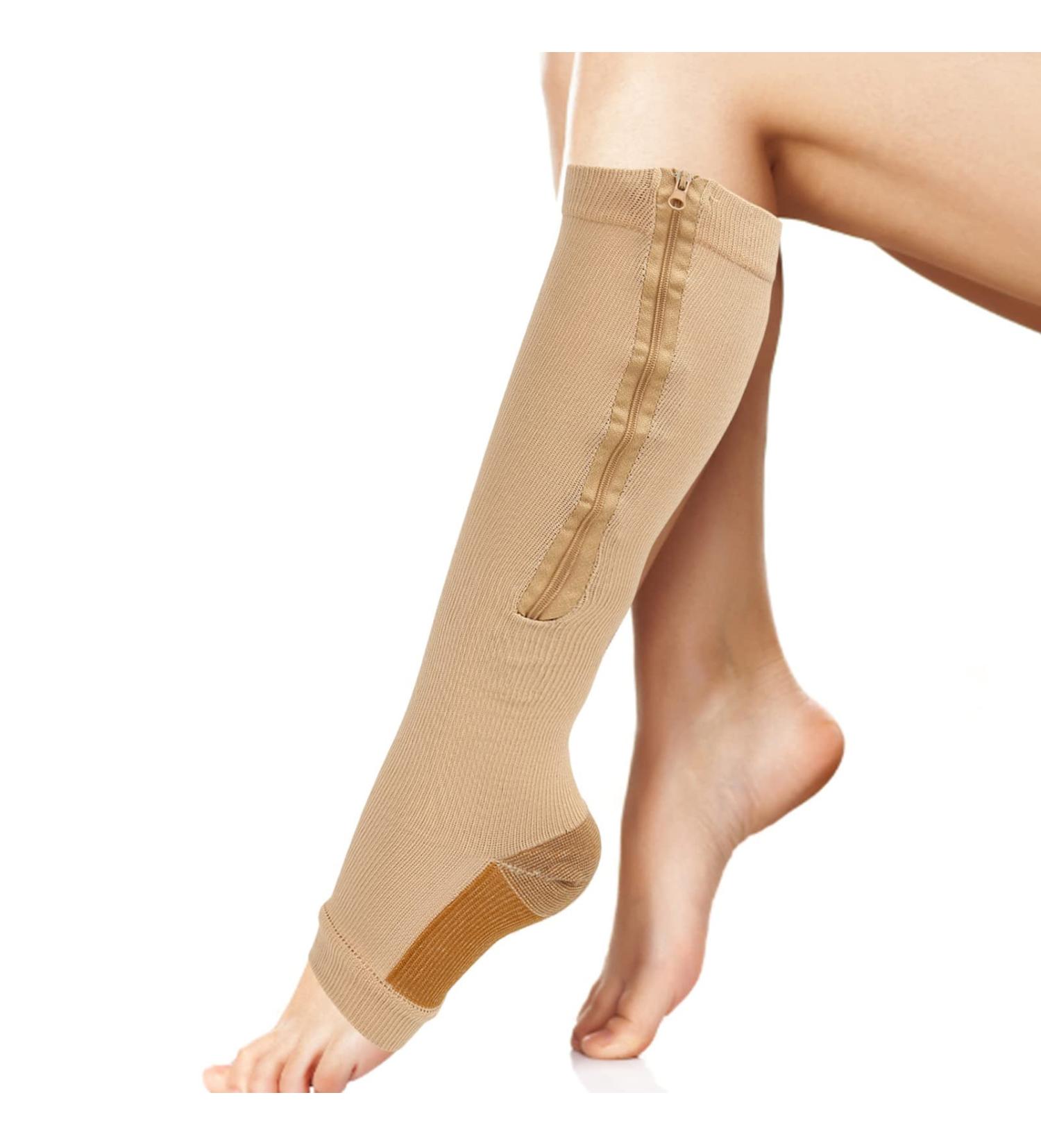 High Elastic Compression Socks with Zipper | Soft Nylon Washable Open Toe | Reusable Calf Support Stockings for Men & Women (L XL Skin Color) - Buy Online on GoSupps.com