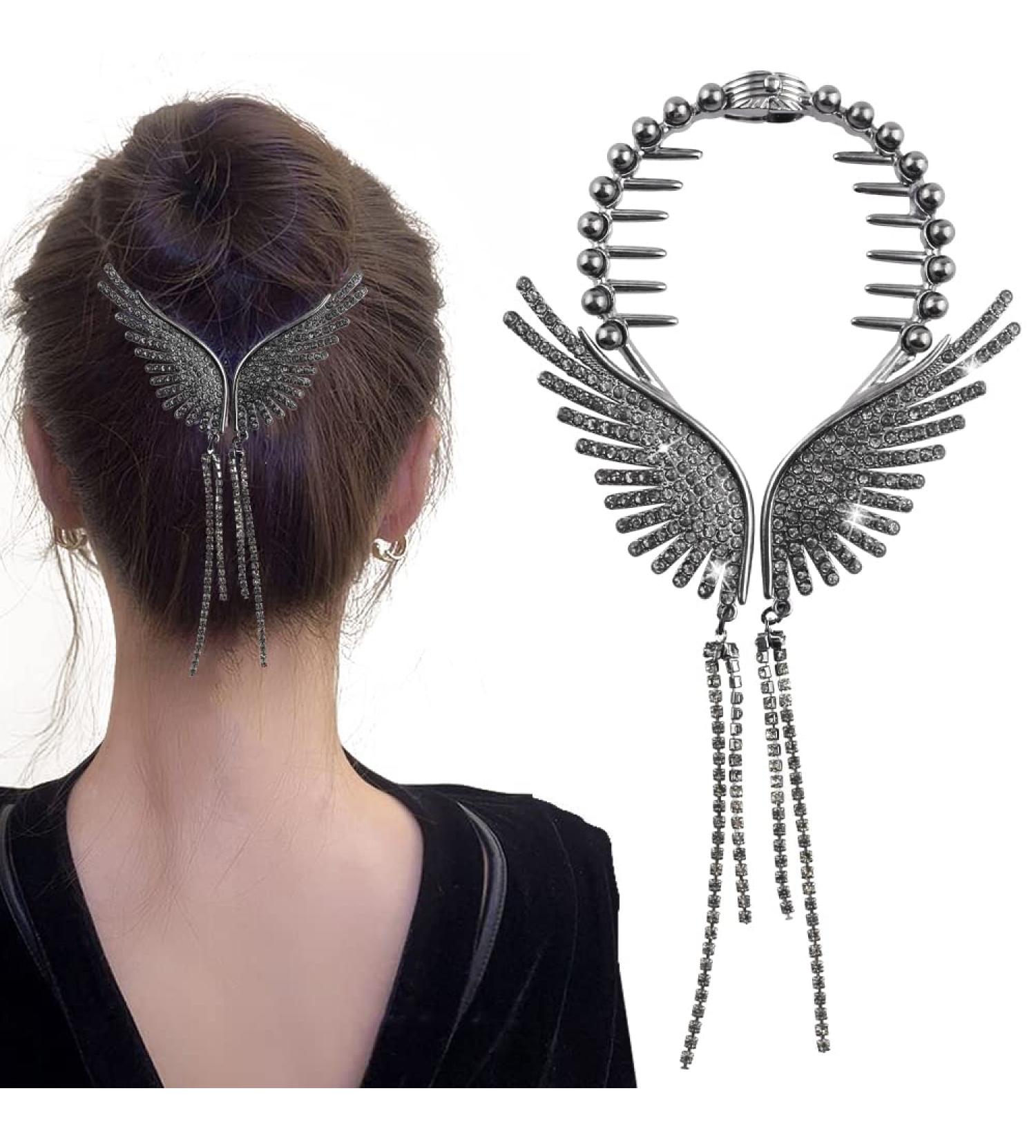 Angel Wings Rhinestone Hair Clips - Black Tassel Claw Clips for High Ponytail Styling - Buy Online on GoSupps.com