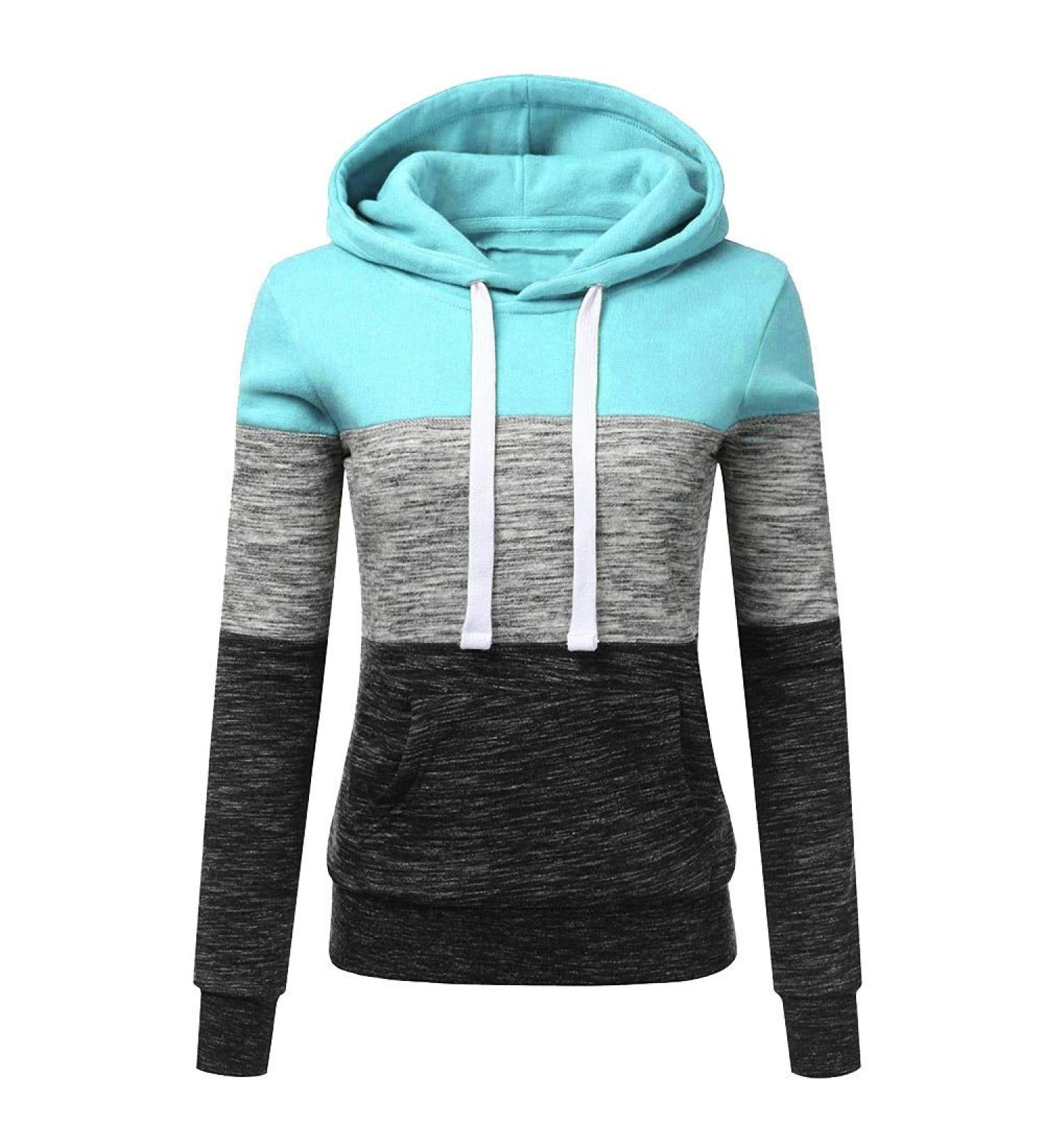 Bigfanshu Womens Fashion Casual Hoodies Sweatshirt Patchwork Ladies Hooded Blouse Warm for Winter Blue