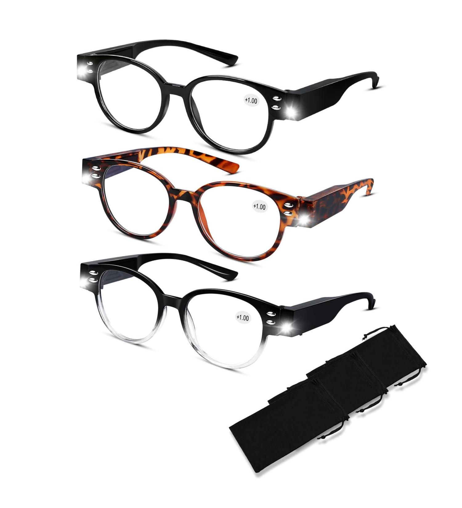 Lighted Reading Glasses - 3 Pack LED Readers with Blue Light Blocking | Nighttime Magnifying Eyeglasses for Men & Women - 1.0 Magnification - Buy Online on GoSupps.com