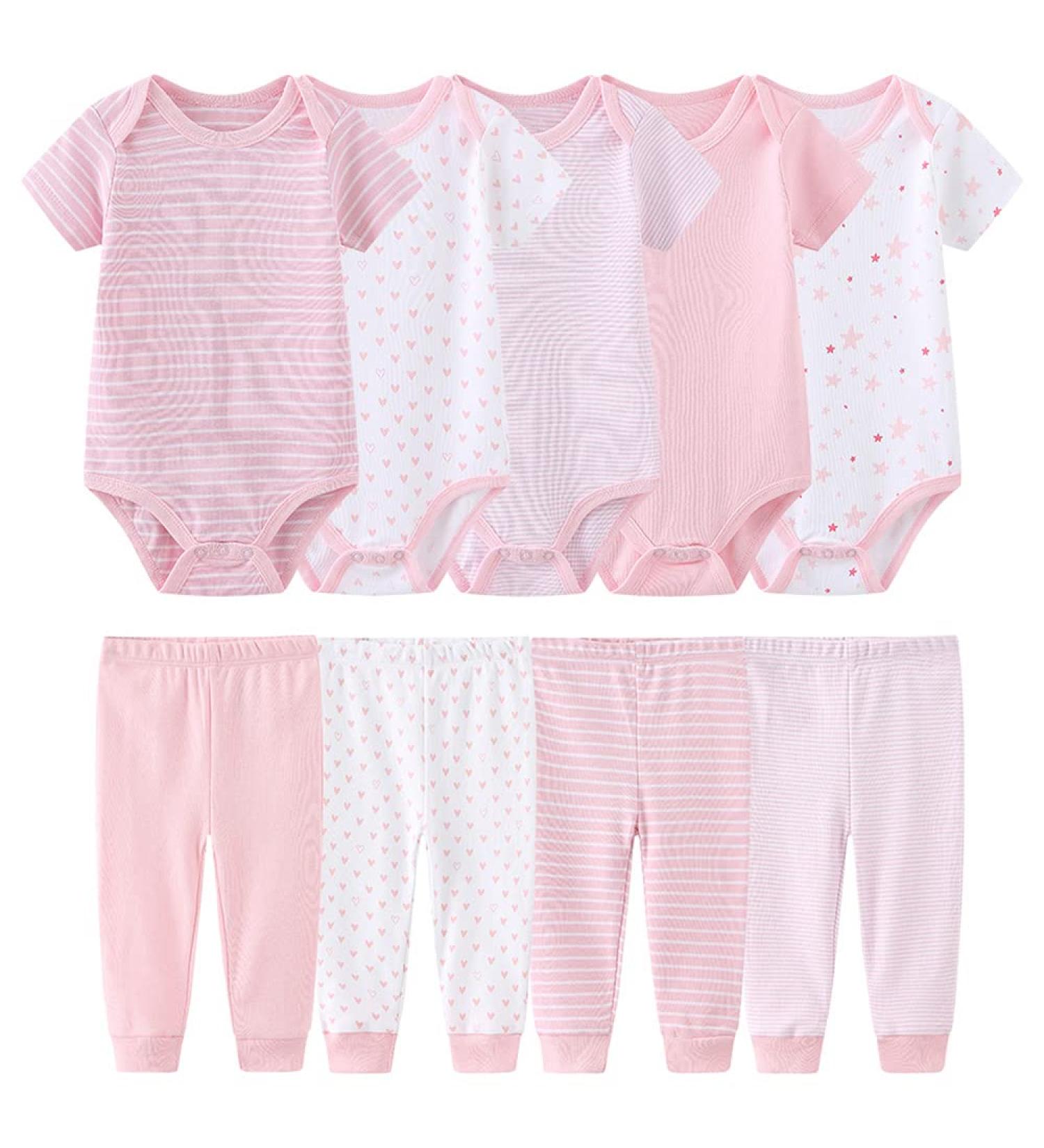 chamie Newborn Baby Bodysuit Short-sleeved One-piece Baby Pants Baby vests 5 Pcs with Trousers 4 Pcs Pure Cotton Suitable for Boys and Girls 0-12M Pink2 9-12 Months - Buy Online on GoSupps.com