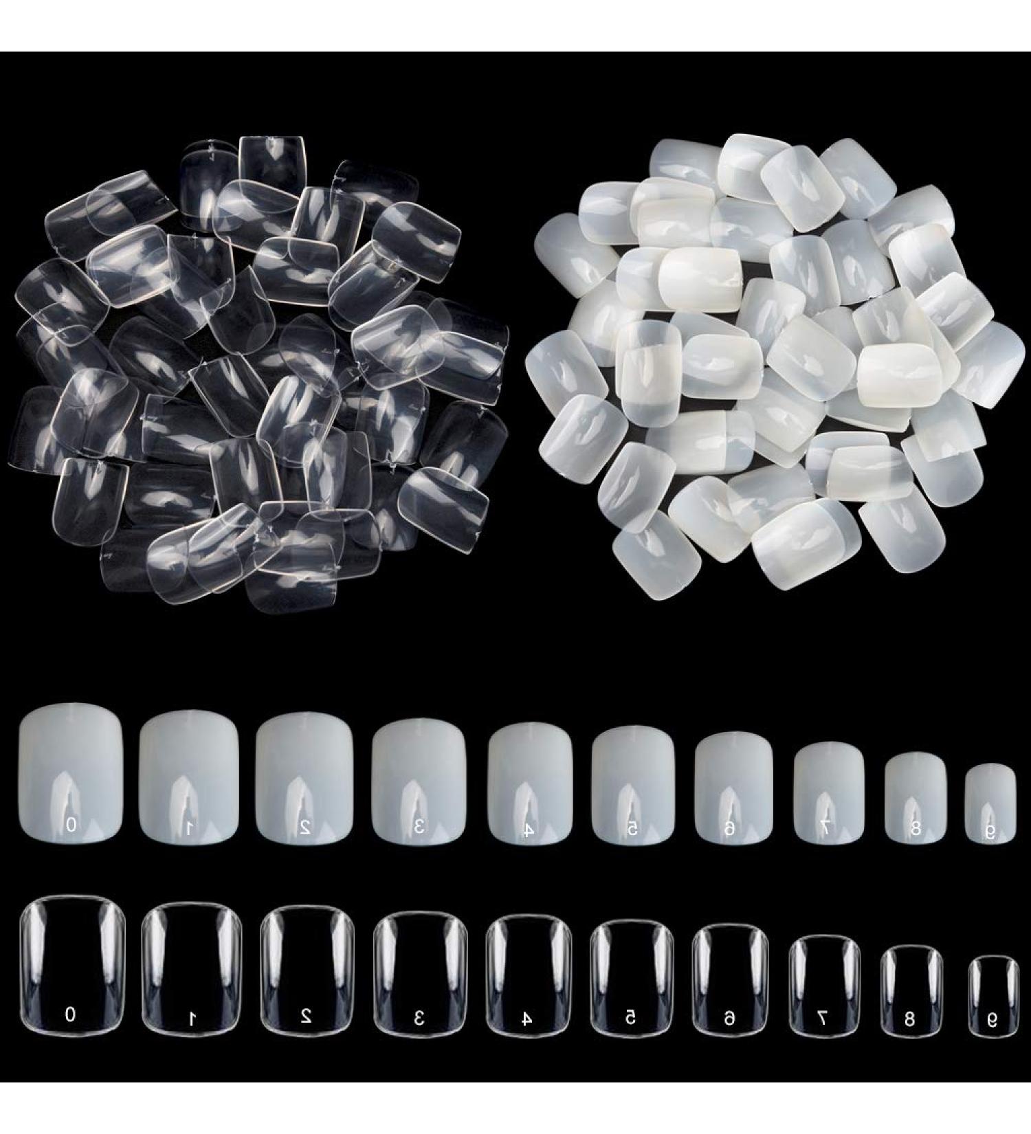 Noverlife 1200PCS Full Cover Short Square False Nail Tips - Clear & Natural | 10 Sizes for Salon & DIY Nail Art - Buy Online on GoSupps.com