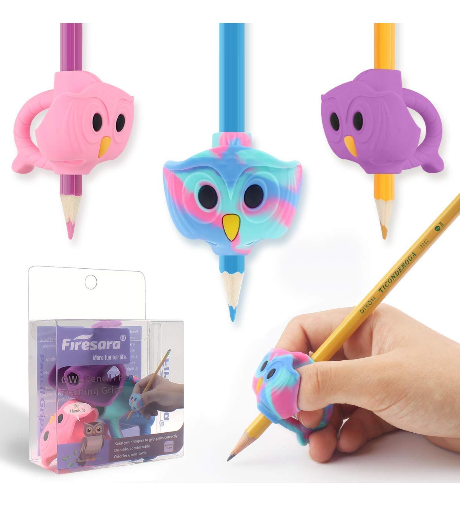 Firesara Original Owl Pencil Writing Aid - Ergonomic 3-Finger Sets for Kids | Handwriting Learning Tool for Righties & Lefties | 3-Piece Colored Set (Pink & Purple) - International Shipping Available - Buy Online on GoSupps.com