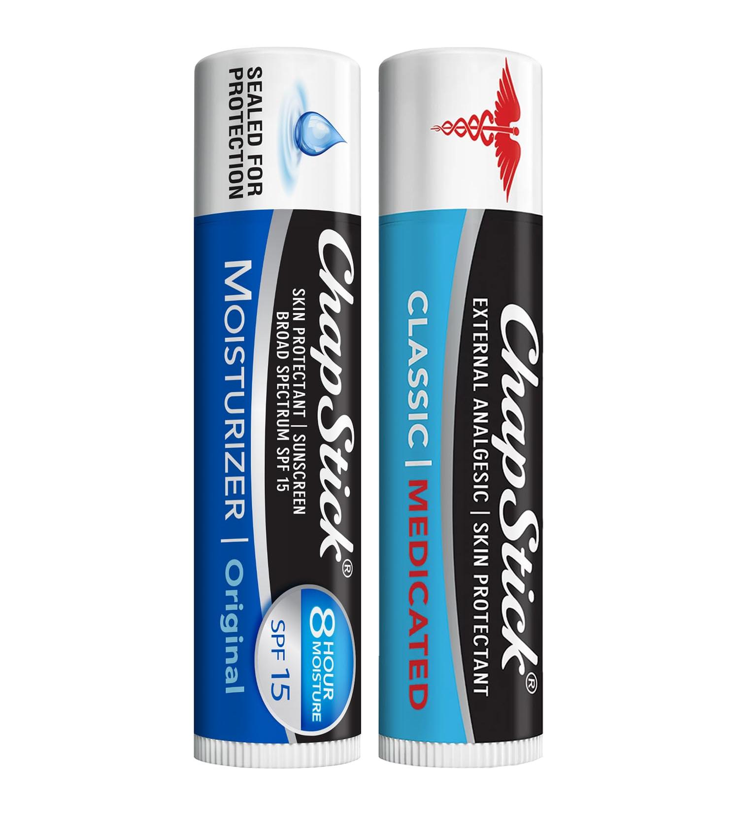 ChapStick Dry Lips & Cold Sore Pain Relief Bundle Classic Medicated ChapStick + Original Moisturizer Lip Balm with SPF 15 0.15 Oz Ea (2 Piece Set) - Buy Online on GoSupps.com
